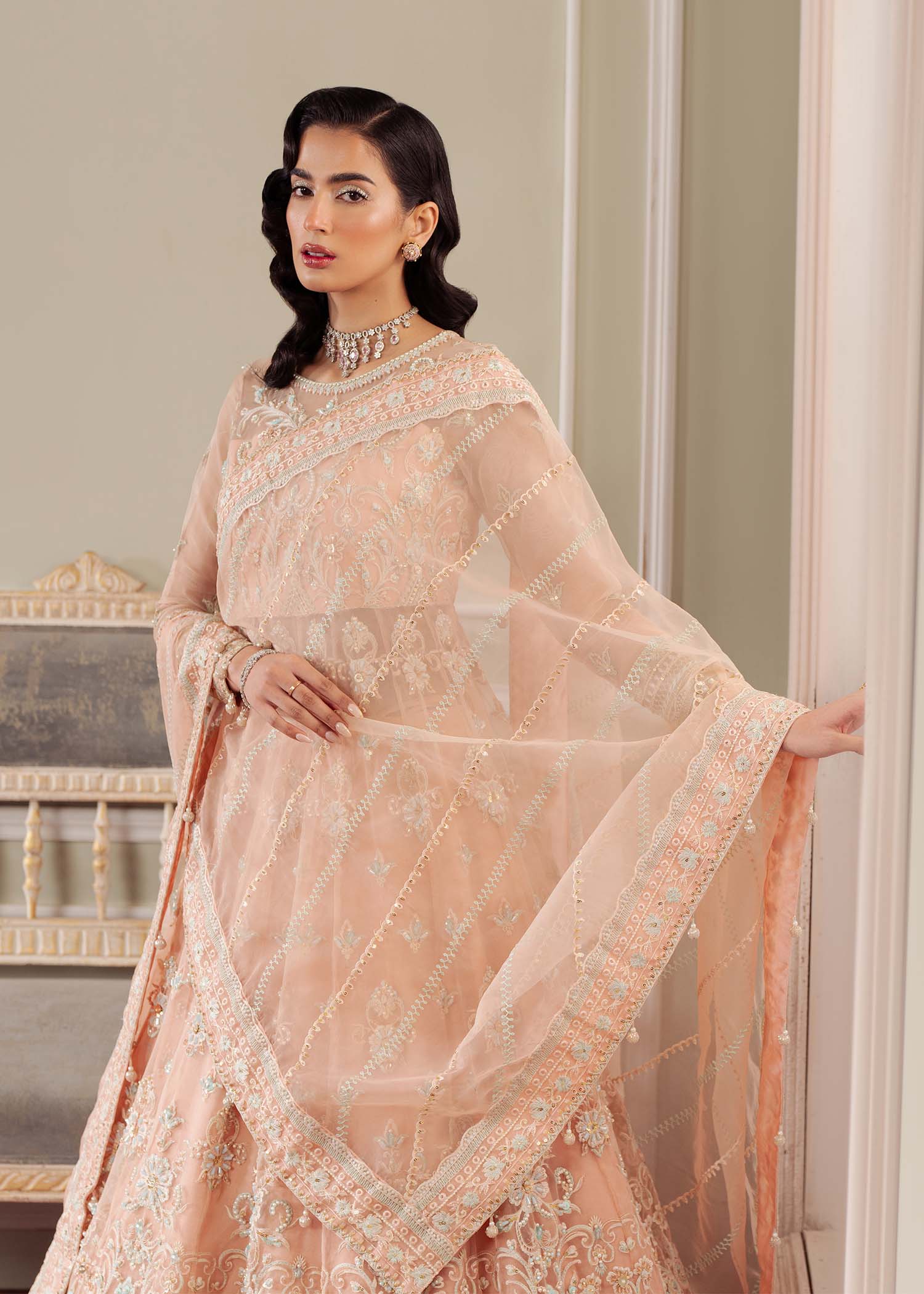 Dastoor | Airah Festive 25 | Cascade L Peach Pink Organza