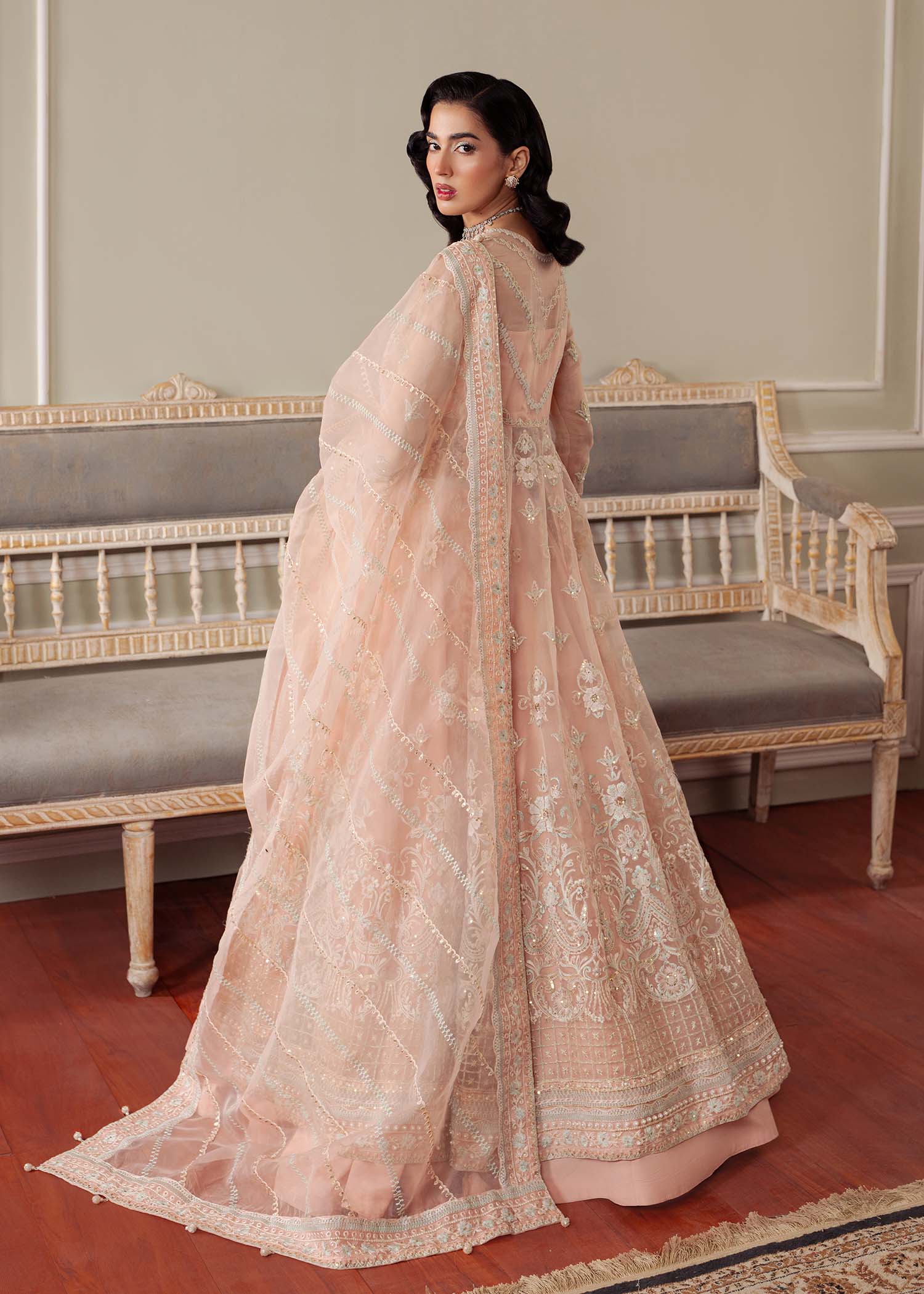 Dastoor | Airah Festive 25 | Cascade S Peach Pink Organza