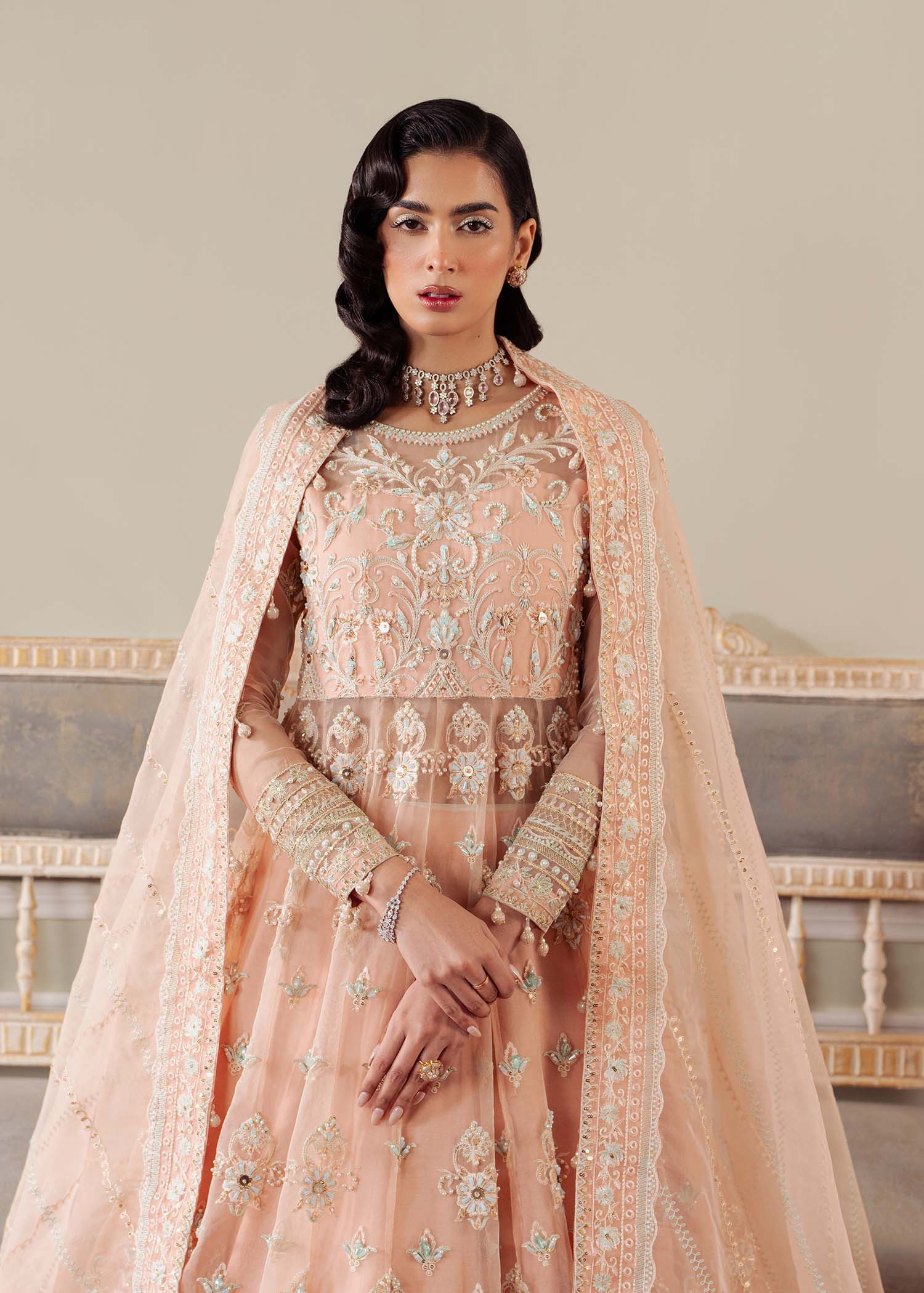 Dastoor | Airah Festive 25 | Cascade M Peach Pink Organza
