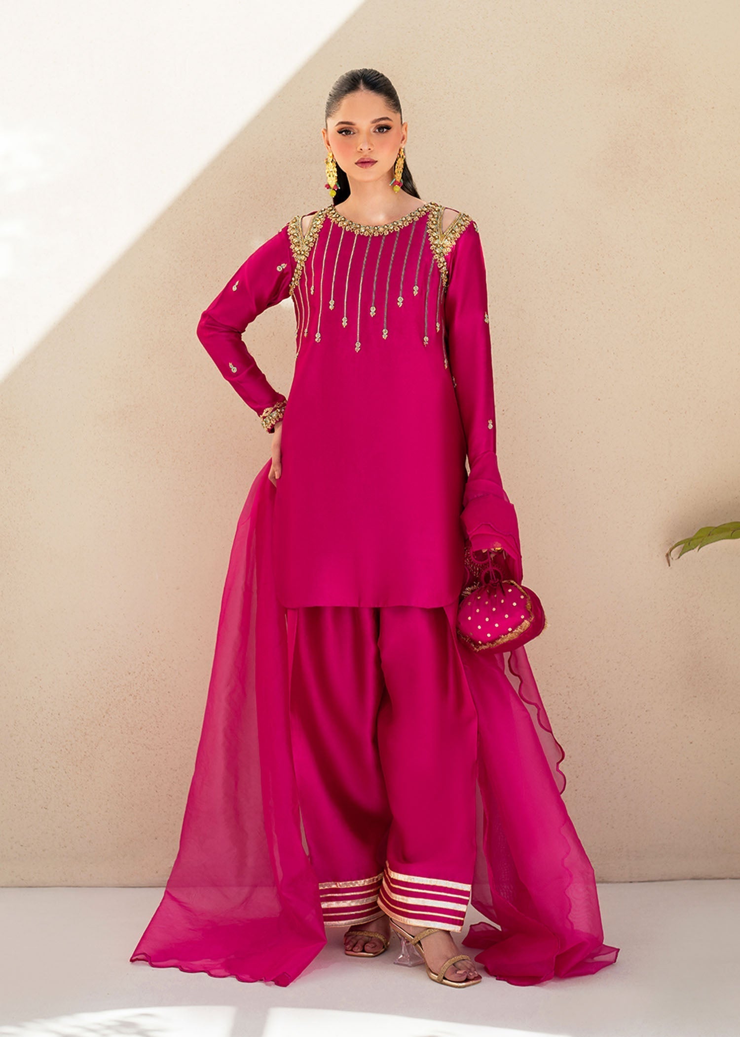 Dastoor | Maahi Luxury Pret 25 | Fuchsia Rose XS Hot Pink Tissue Silk