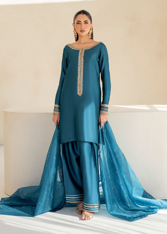 Dastoor | Maahi Luxury Pret 25 | ELISA XS Teal Blue Tissue Silk