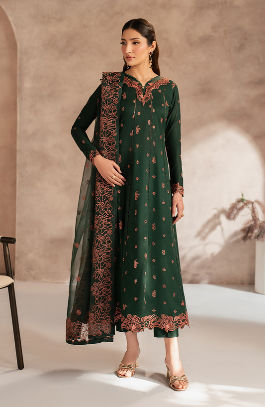 Zarif | Summer Lawn 25 | UNST-LWN-04 SIRAAN XS Dark Green Chikankari Lawn