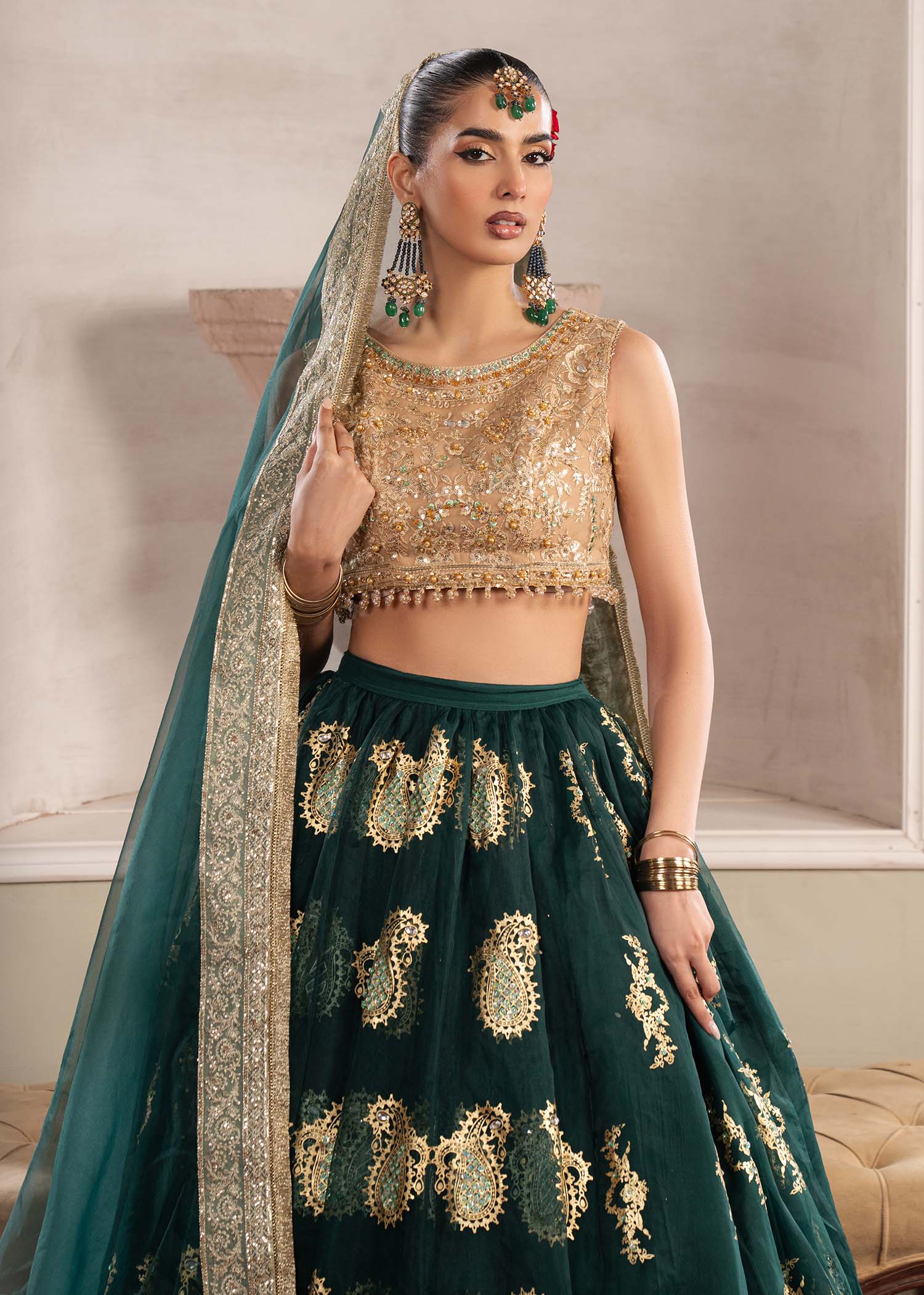 Dastoor | Airah Festive 25 | Aurelia M Bottle Green Net