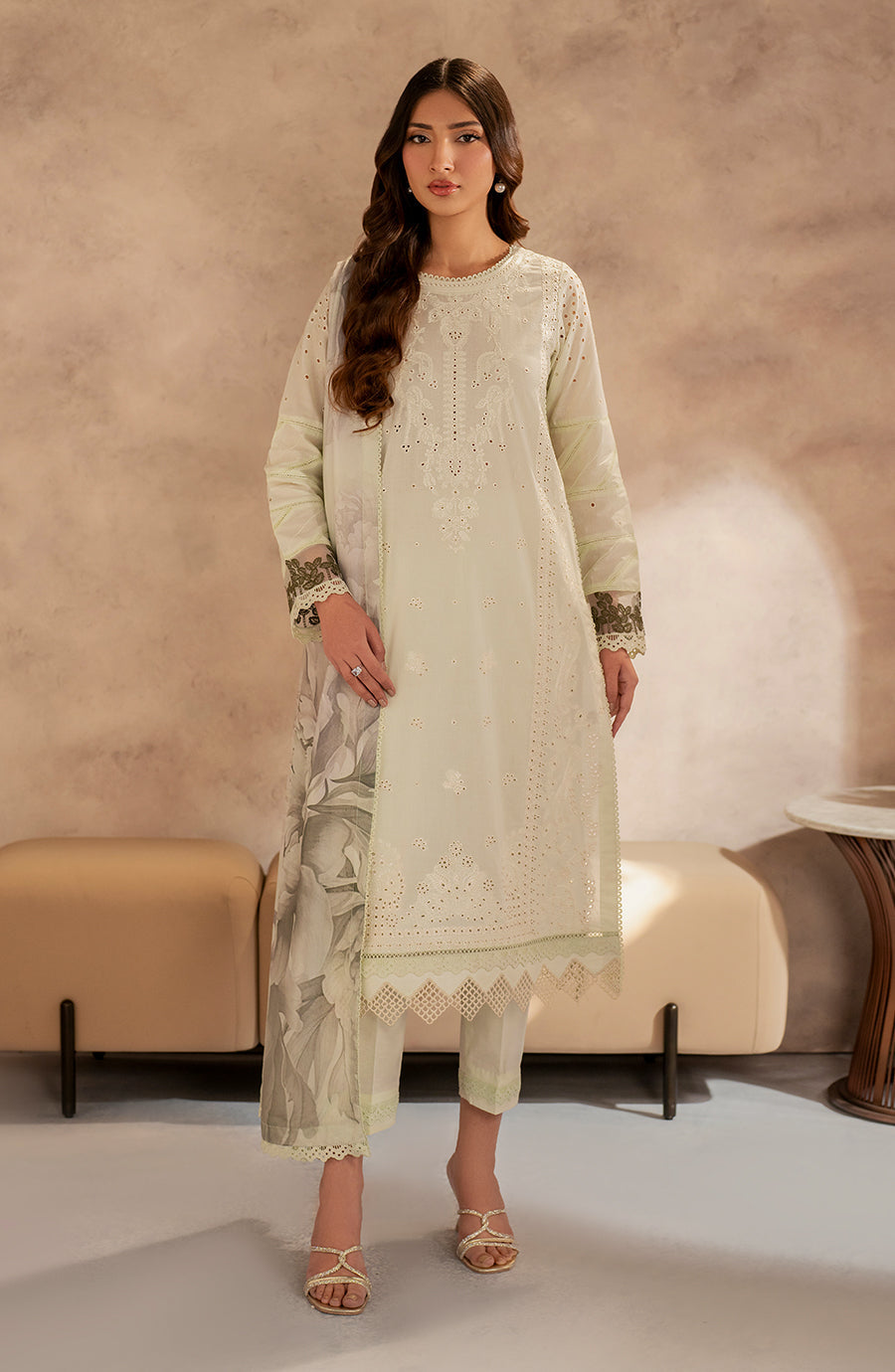 Zarif | Summer Lawn 25 | UNST-LWN-08 ROOHAL L Cream Chikankari Lawn