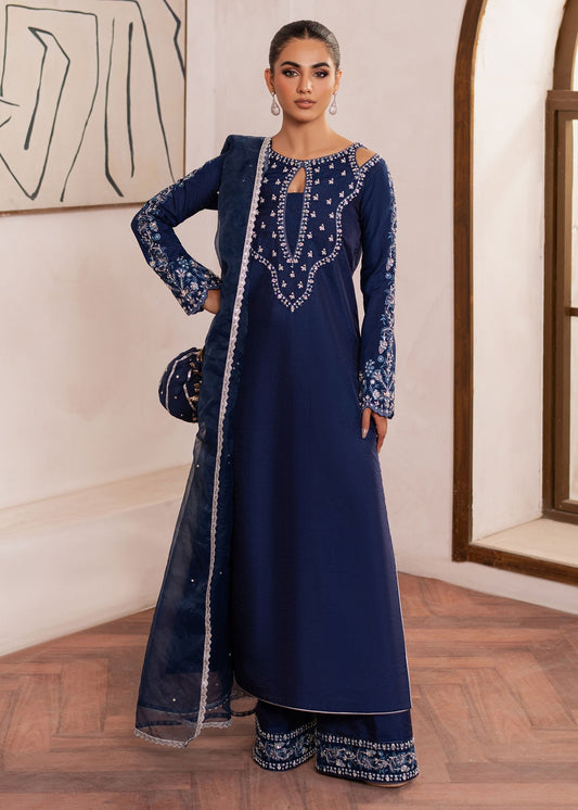 Dastoor | Rania Luxury Pret 25 | Celine XS Navy Blue Korean Raw Silk