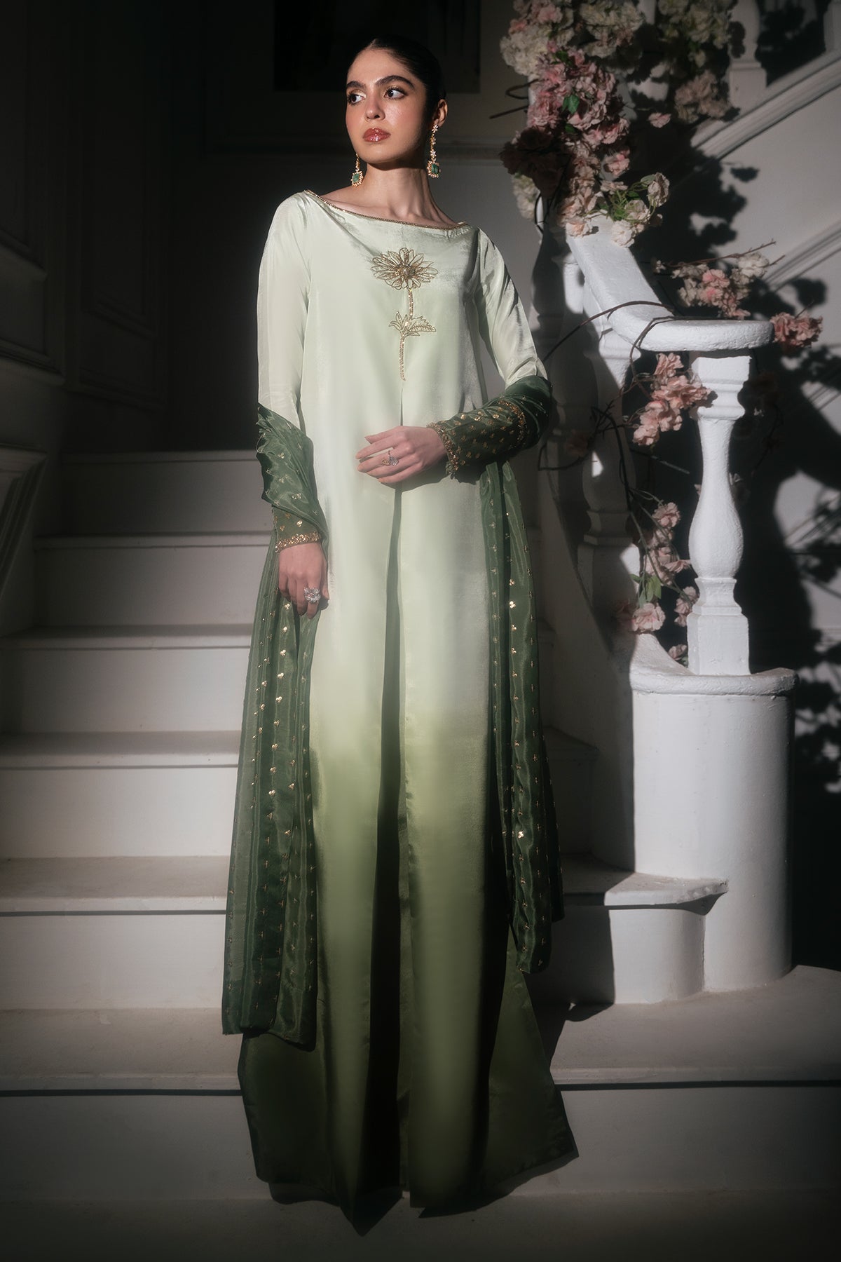 Mina Kashif | Emilie Formals | Floret XS Green White Roman Silk