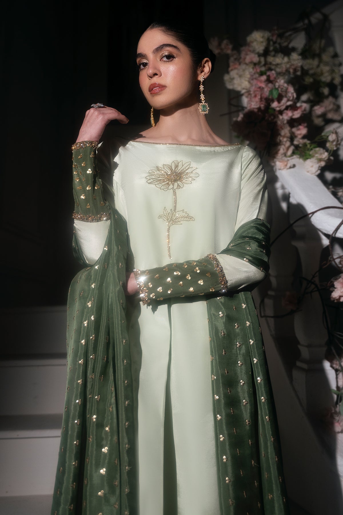 Mina Kashif | Emilie Formals | Floret L Green White Roman Silk