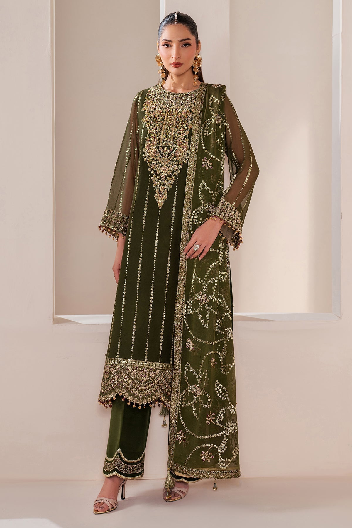 Alizeh | Handcrafted Eid Edit 25 | AF-HM-4033-Olivia L Deep Olive Green Chiffon