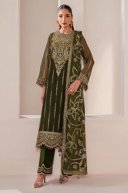 Alizeh | Handcrafted Eid Edit 25 | AF-HM-4033-Olivia L Deep Olive Green Chiffon