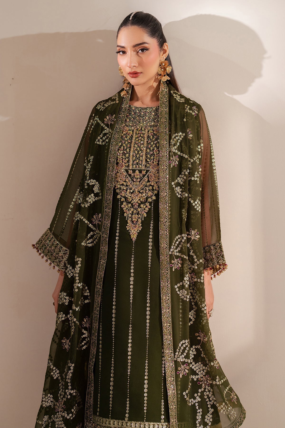Alizeh | Handcrafted Eid Edit 25 | AF-HM-4033-Olivia M Deep Olive Green Chiffon