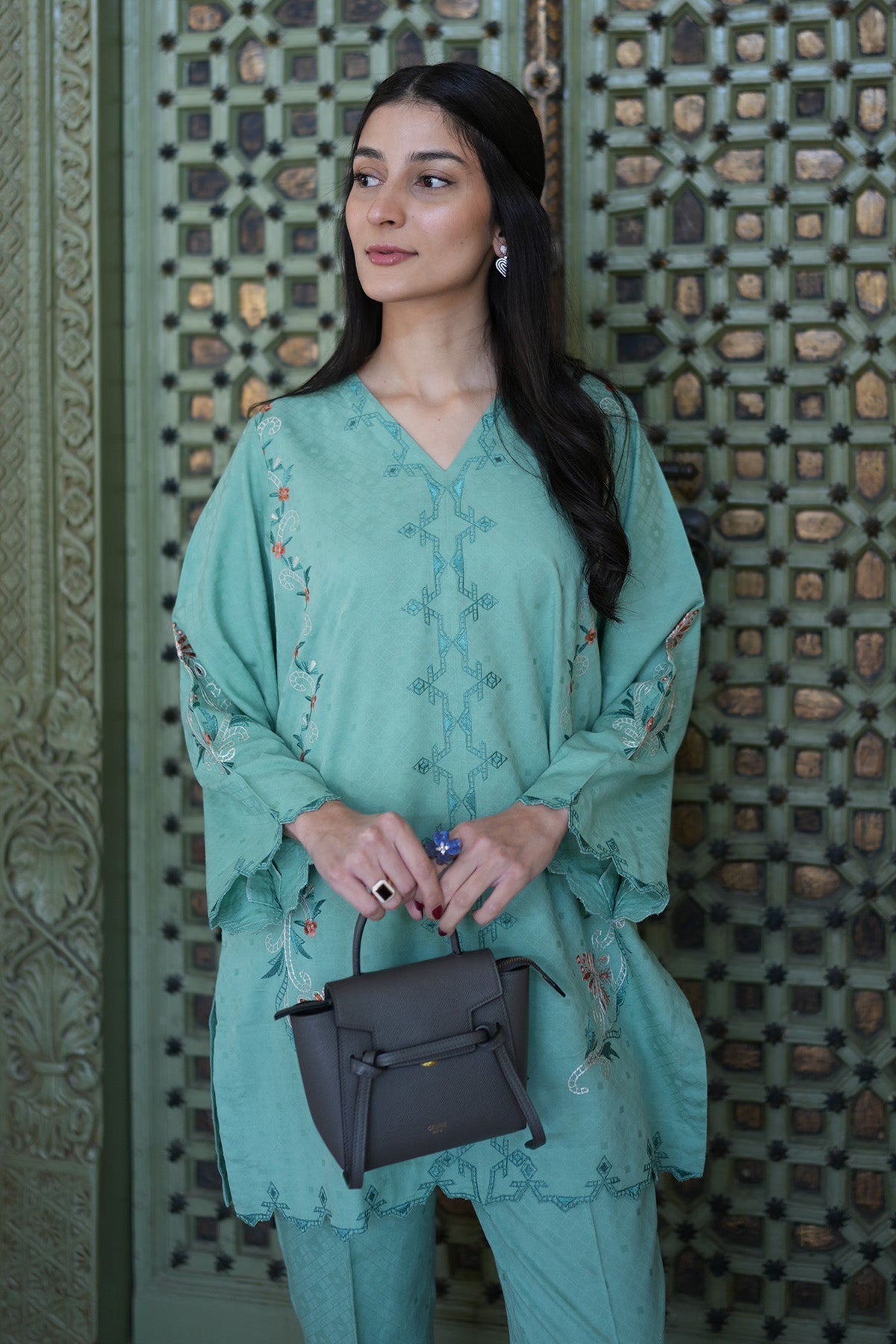 Sahar | Ready to Wear Basics | Teal Oasis M Ice Blue Self Jacquard