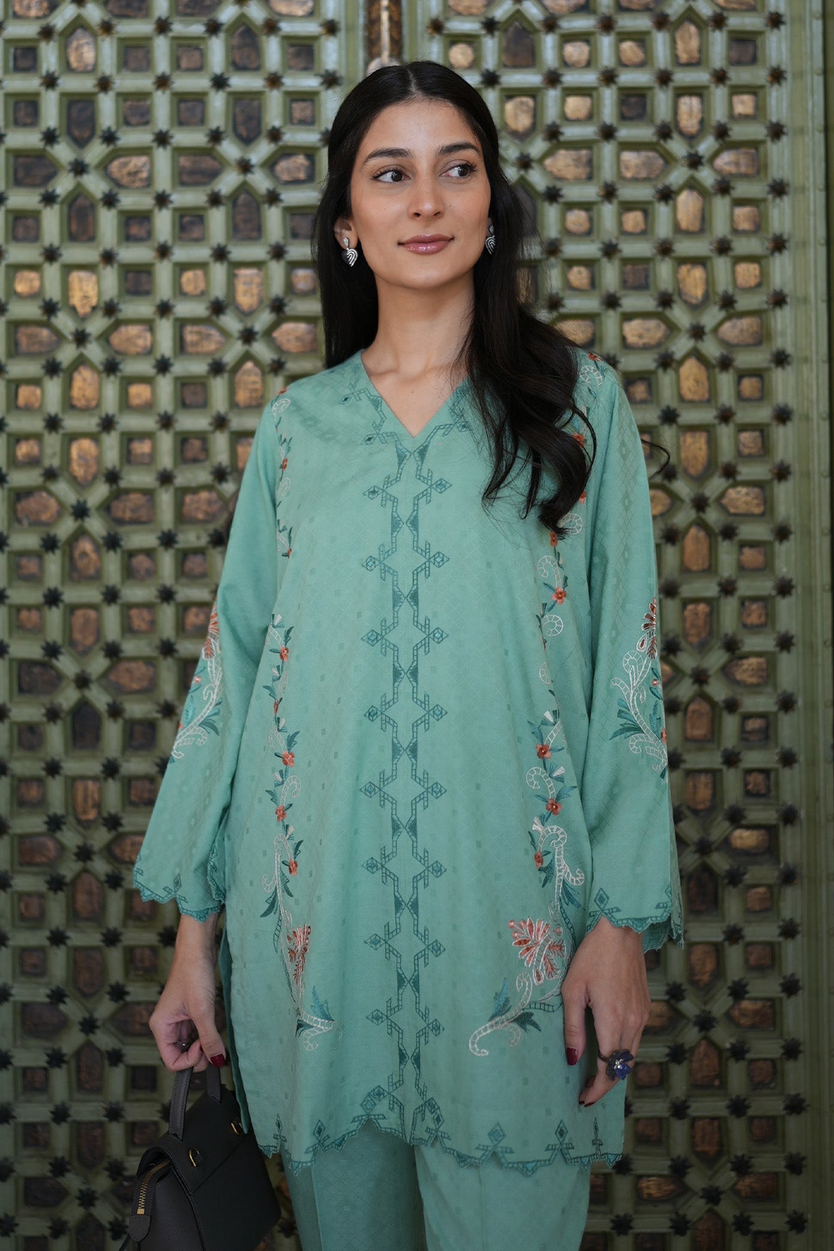 Sahar | Ready to Wear Basics | Teal Oasis L Ice Blue Self Jacquard