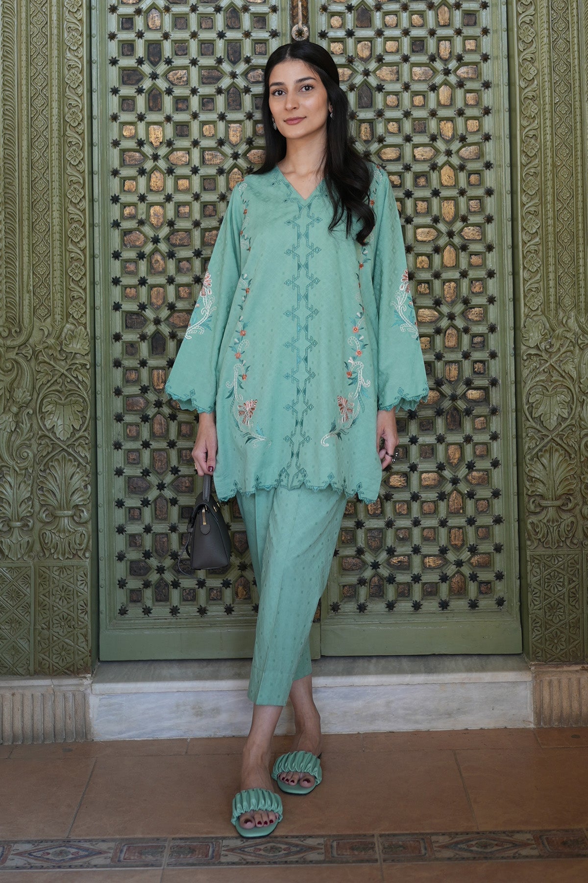 Sahar | Ready to Wear Basics | Teal Oasis XS Ice Blue Self Jacquard