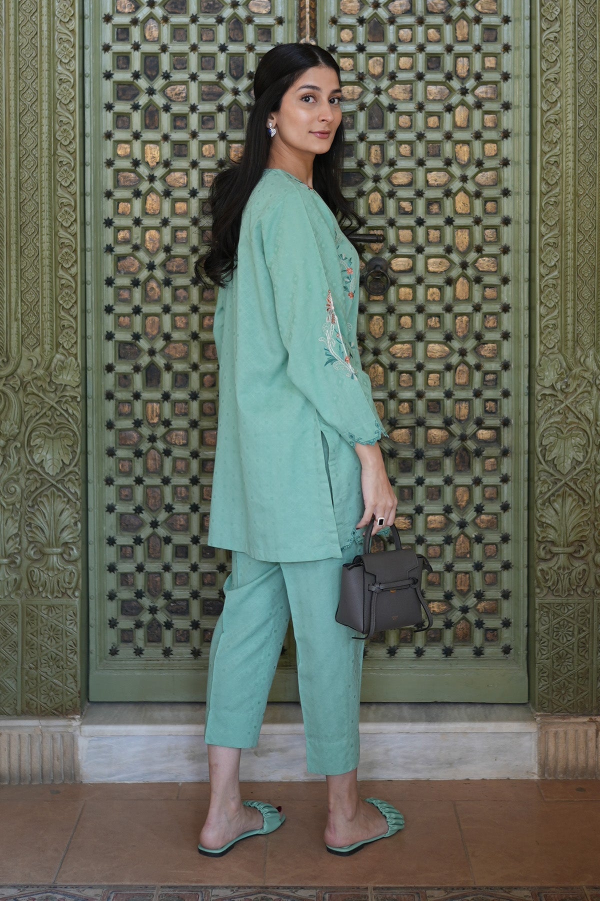 Sahar | Ready to Wear Basics | Teal Oasis S Ice Blue Self Jacquard