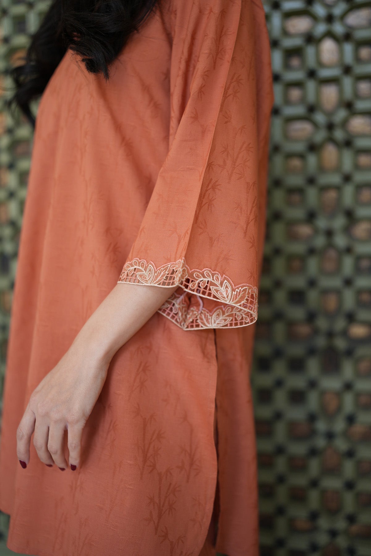 Sahar | Ready to Wear Basics | Rustic Reverie M Peach Dobby Jacquard