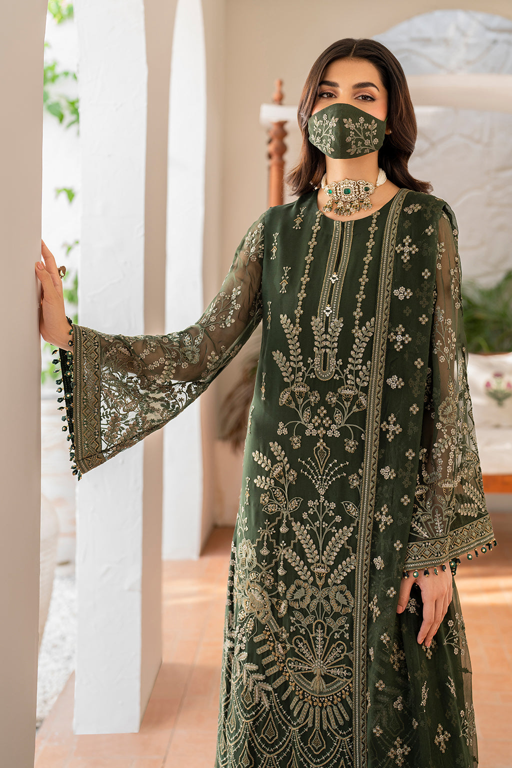Flossie | Naqsh Formals | S-1401 XL Sage Green Chiffon
