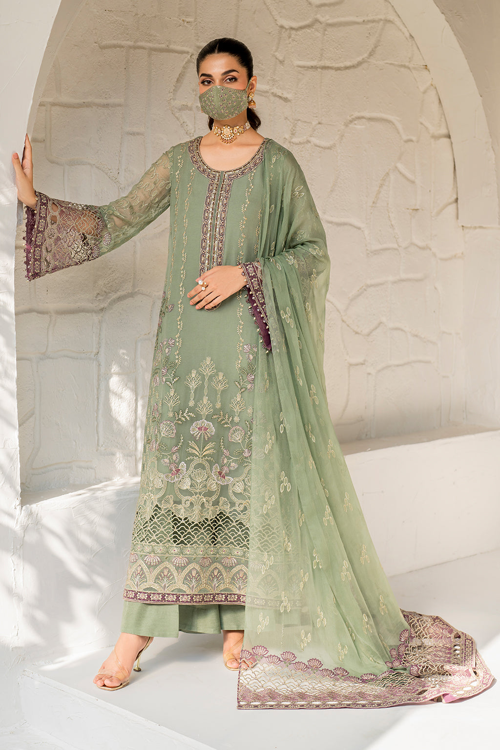 Flossie | Naqsh Formals | S-1406 XS Greenish Gray Chiffon