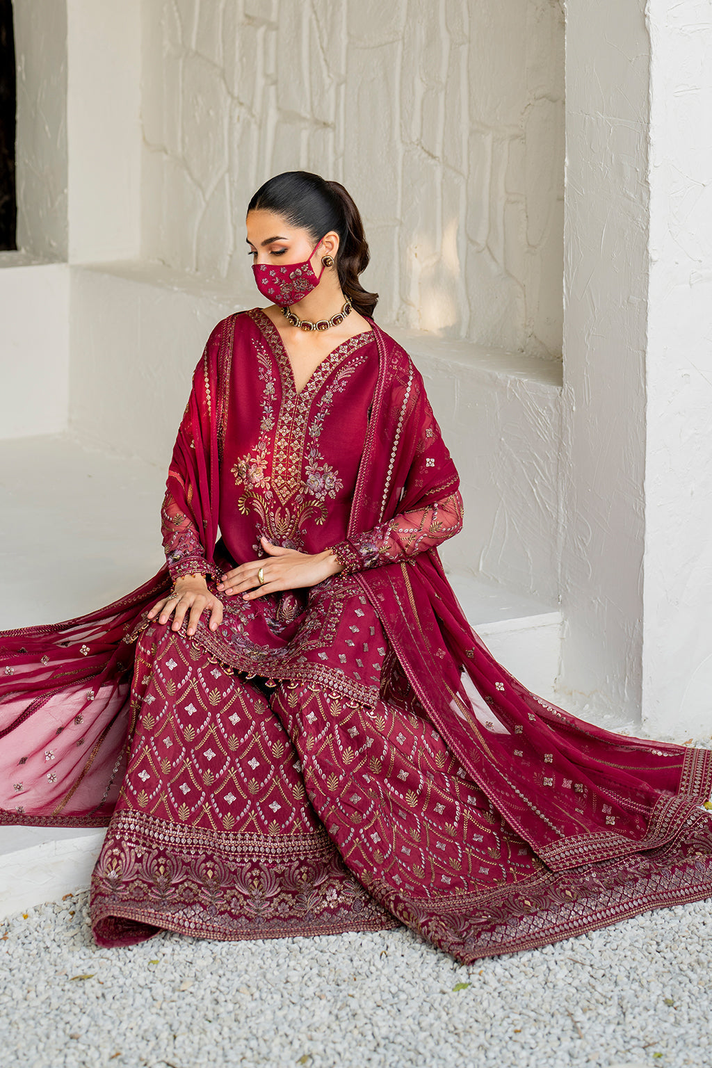 Flossie | Naqsh Formals | S-1402 (B) Custom Size Berry Chiffon