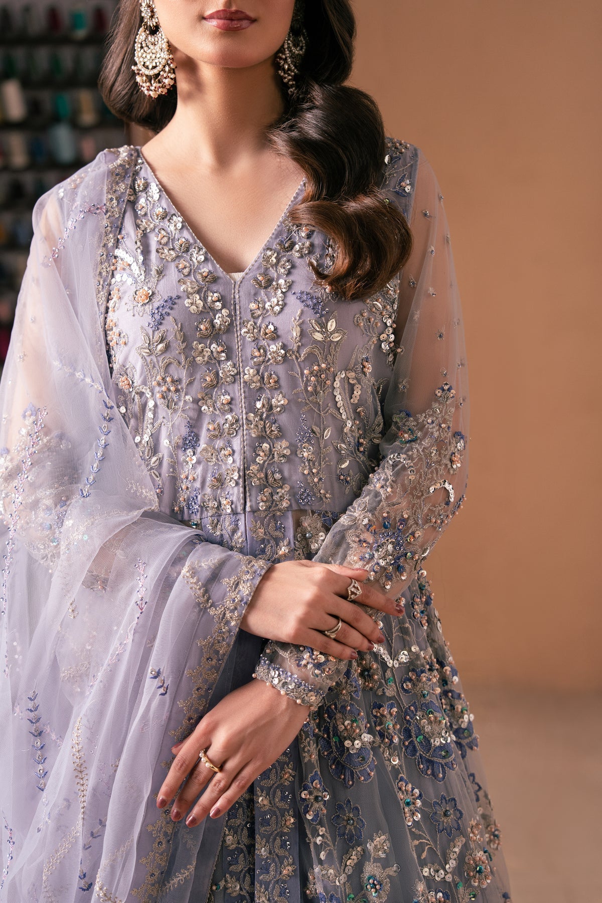 Malook | Rashq e Qamar | Gul M Lilac Gray Net