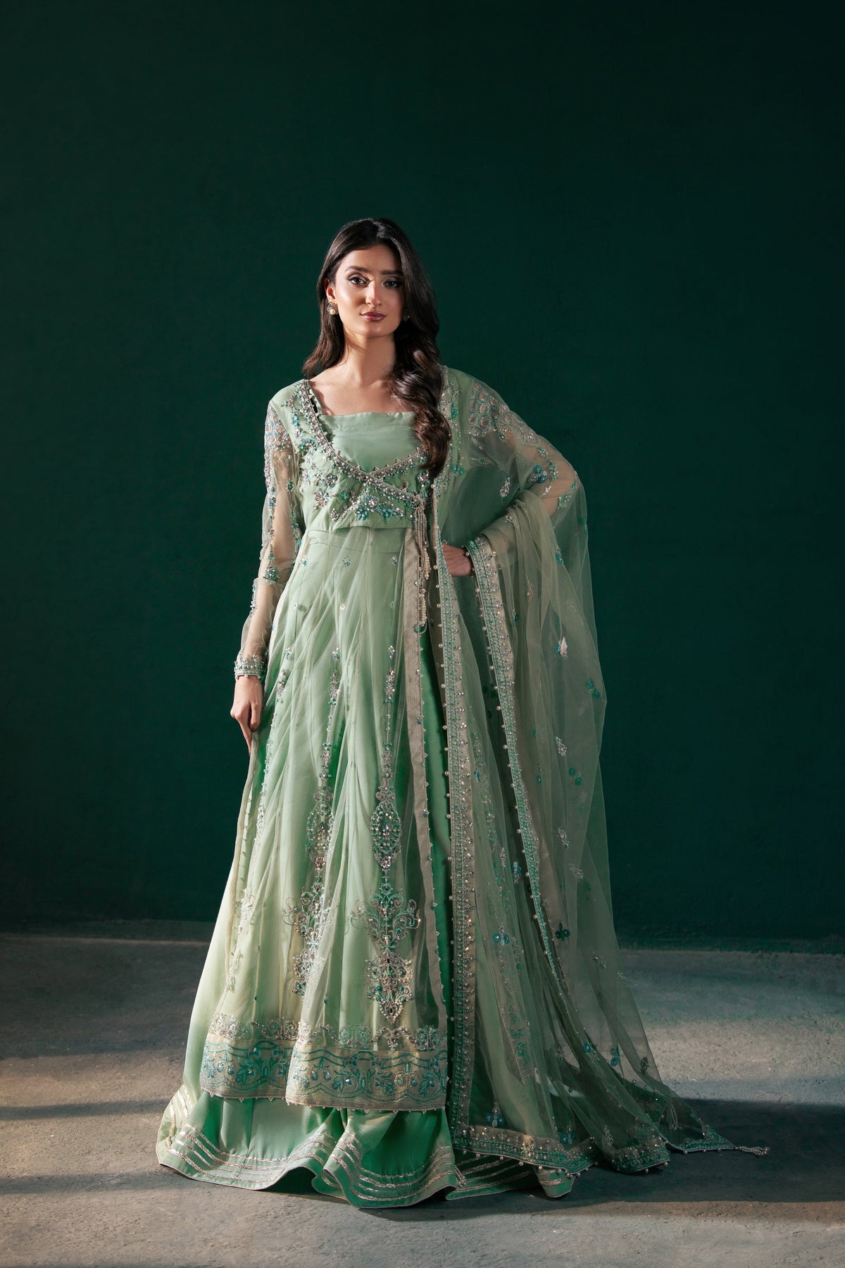 Malook | Rashq e Qamar | Feroza XS Mint Green Net
