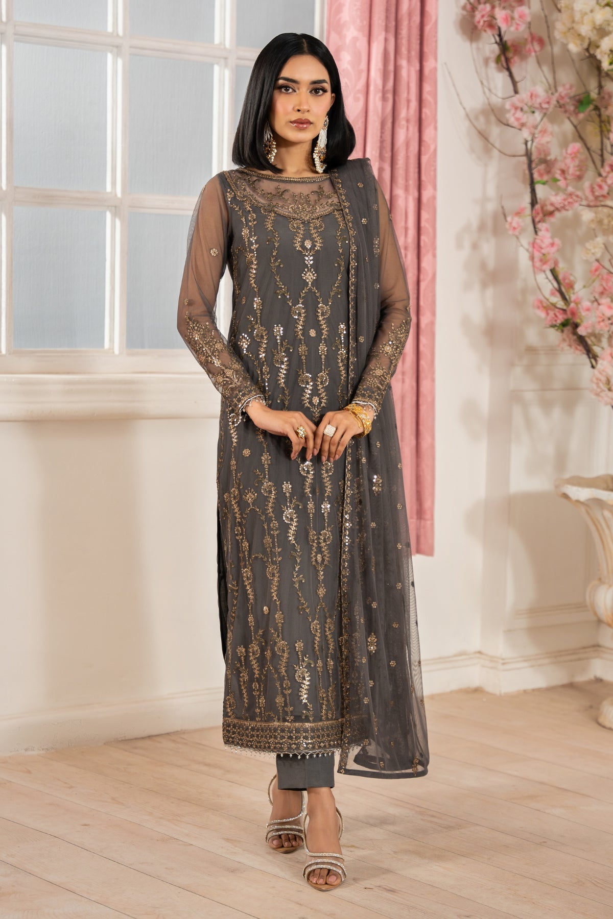 Zarif | Heer Formals | Z-04 SORAYA XS Gray Net