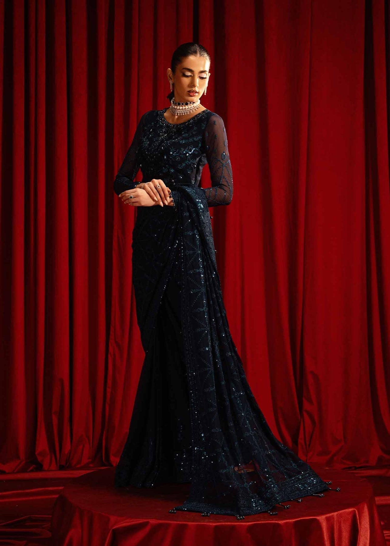 Paras by Pasha | Noor -e- Jahan Saree Collection | Neel-e-Noor Custom Size Midnight Blue Chiffon