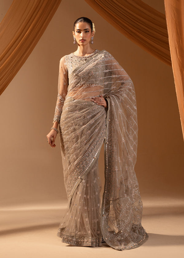 Paras by Pasha | Noor -e- Jahan Saree Collection | Abr-e-Shaam XS Gray Net