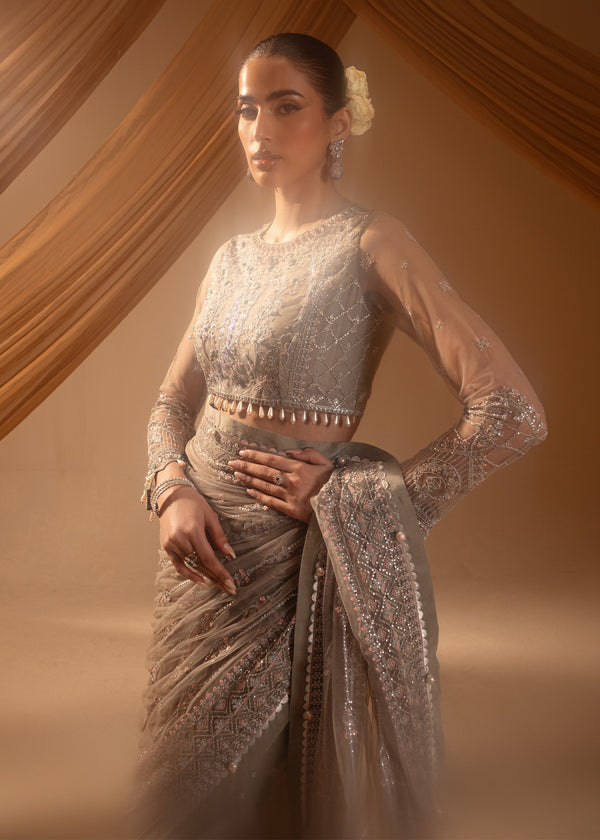 Paras by Pasha | Noor -e- Jahan Saree Collection | Abr-e-Shaam XL Gray Net