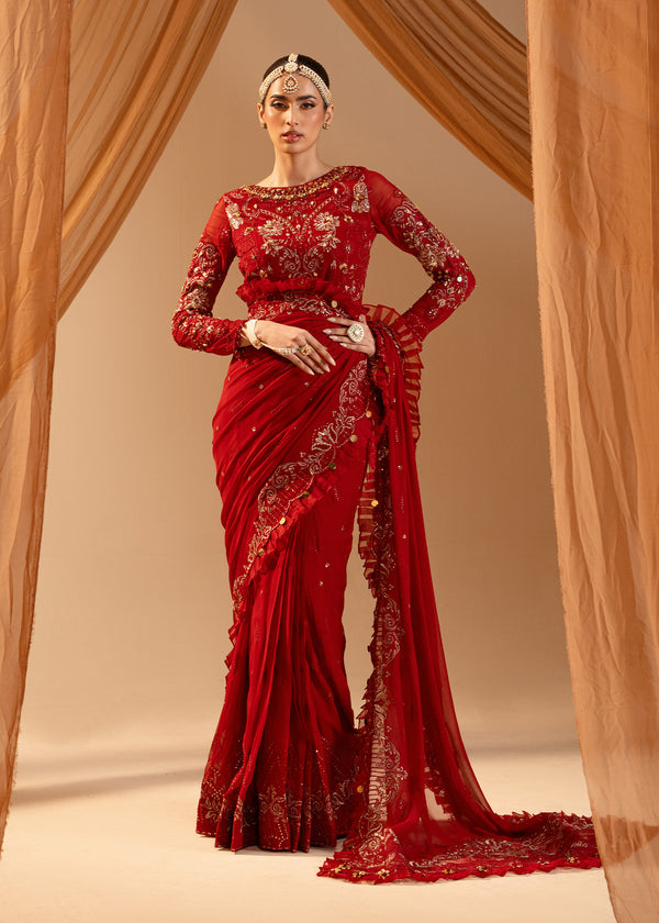 Paras by Pasha | Noor -e- Jahan Saree Collection | Laal-e-Jahan XS Crimson Chiffon