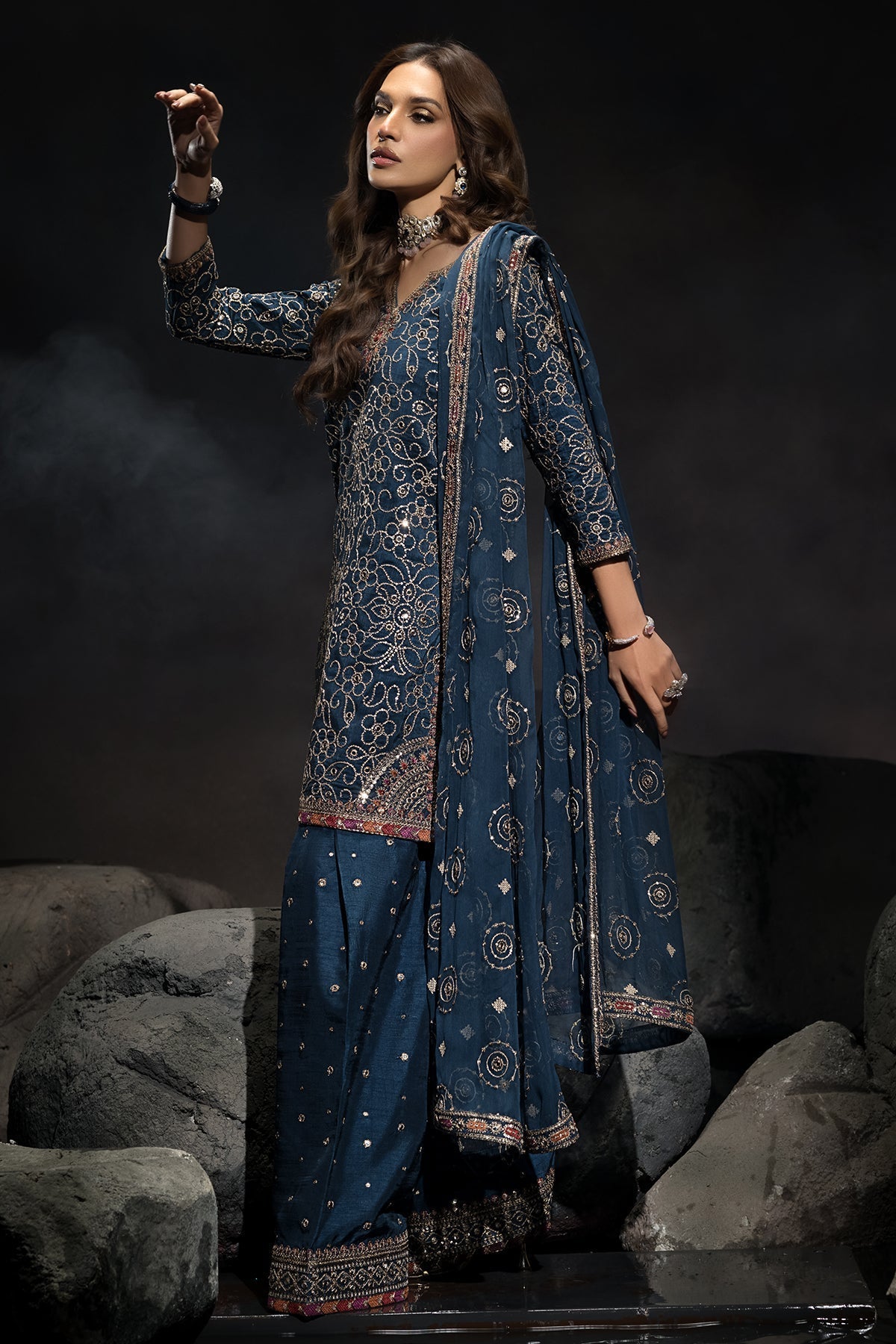 Charizma | Statement Dresses | CMA-4-118 L Navy Blue Raw Silk