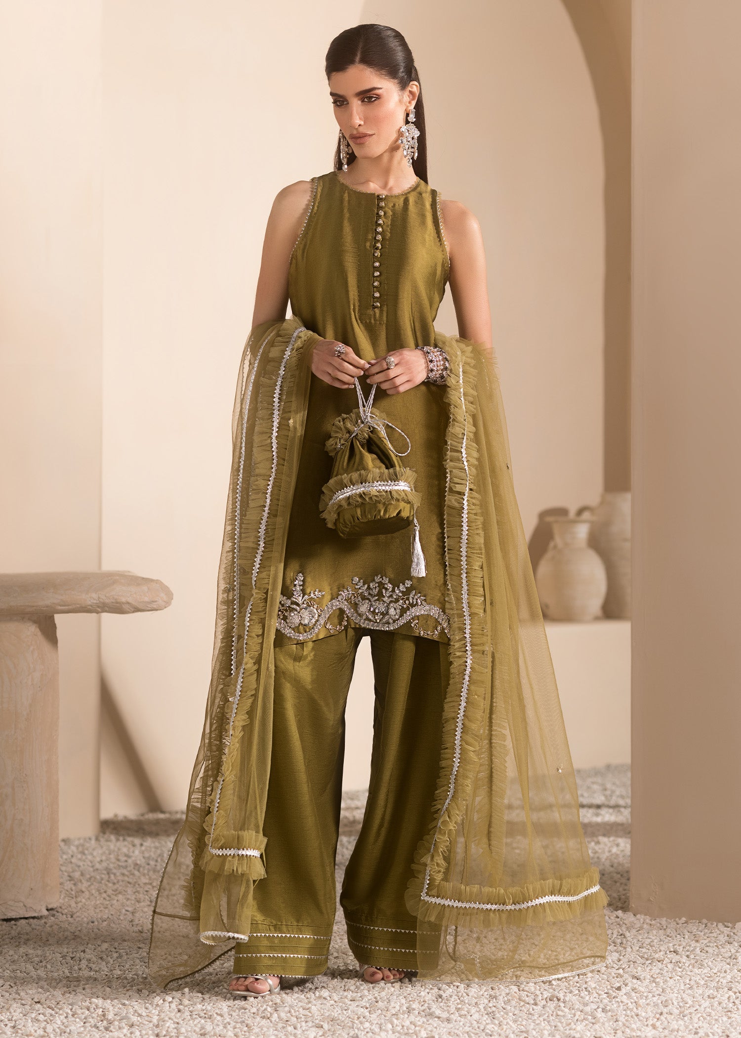 Mahum Asad | Breaking the Bar | Autumn S Olive Green Pure Silk Tissue