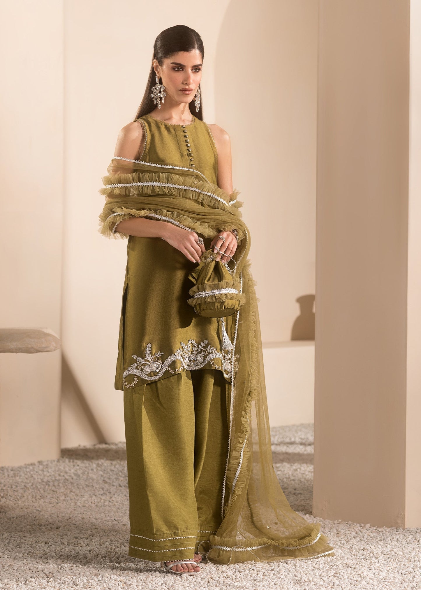 Mahum Asad | Breaking the Bar | Autumn XS Olive Green Pure Silk Tissue