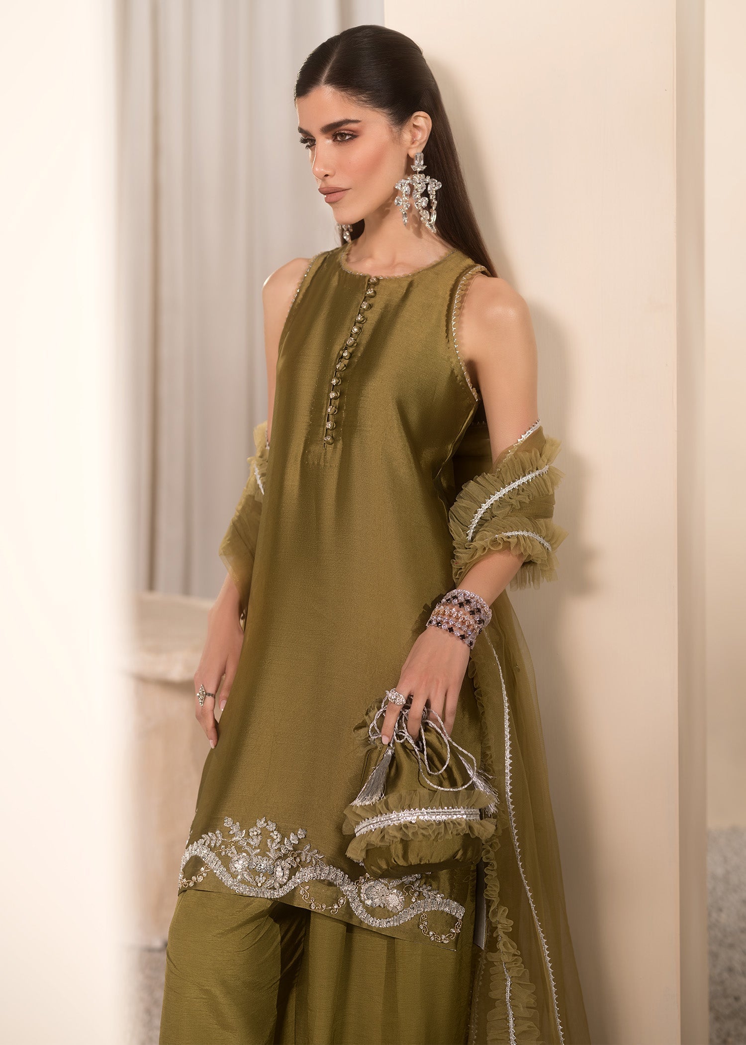 Mahum Asad | Breaking the Bar | Autumn XL Olive Green Pure Silk Tissue