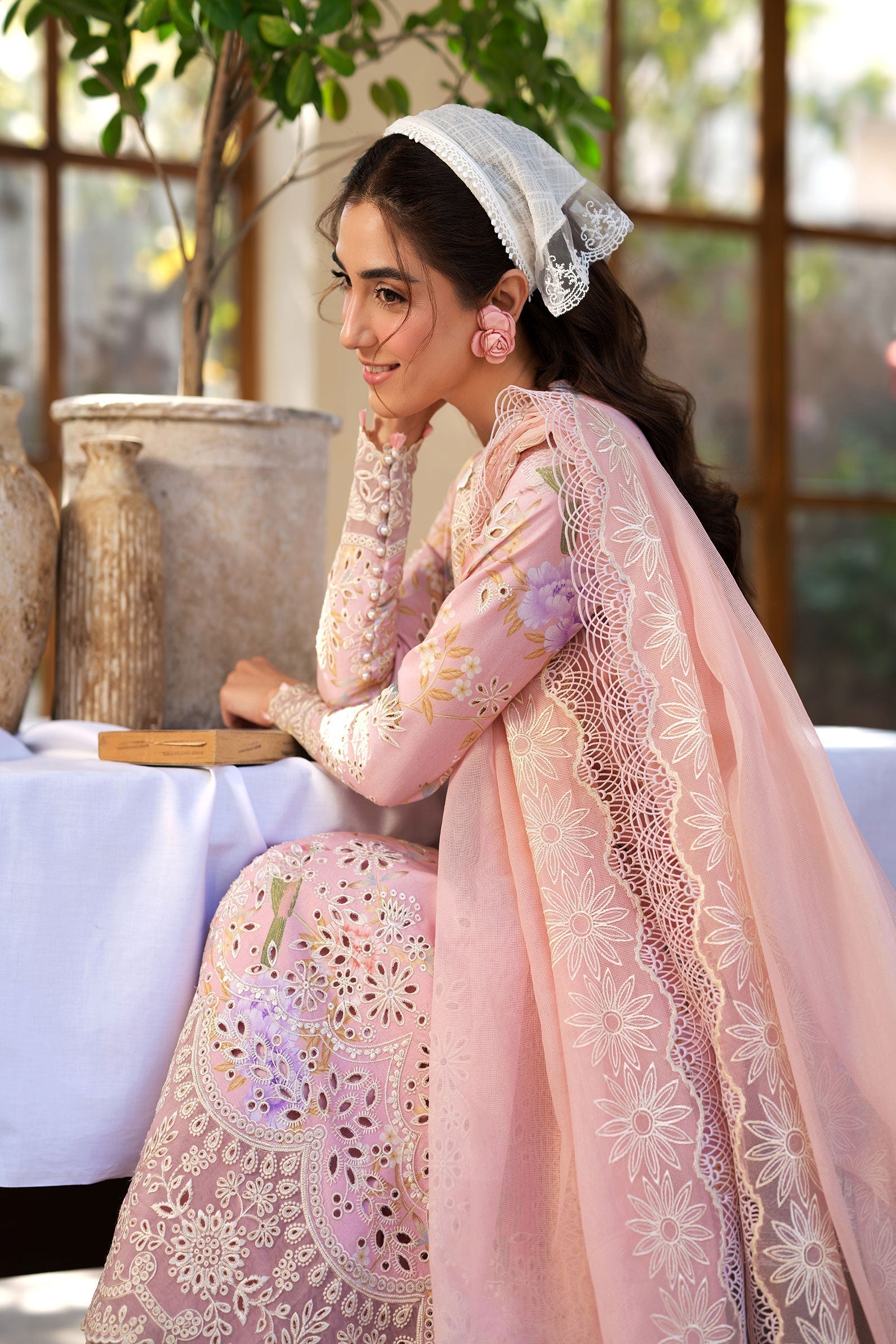 Maryam Hussain | Luxury Lawn 25 | Dimple XL Pink Lawn