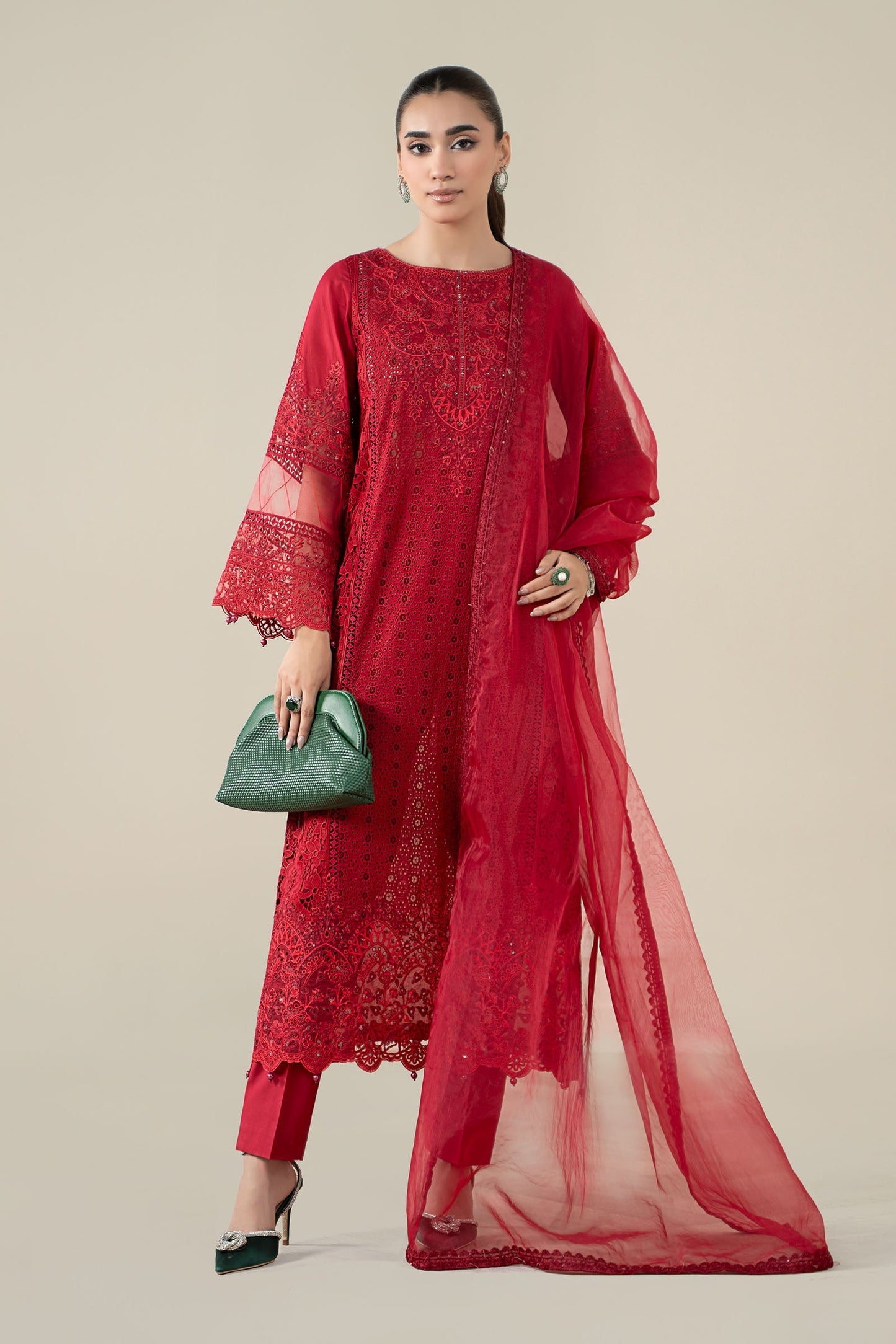 Maria B | Pre Fall Dresses | 3 Piece Embroidered Lawn Suit Red - Pakistani Designer Dress - by Maria B - Type : Ladies Clothes - 100% Original at Saira Sultan