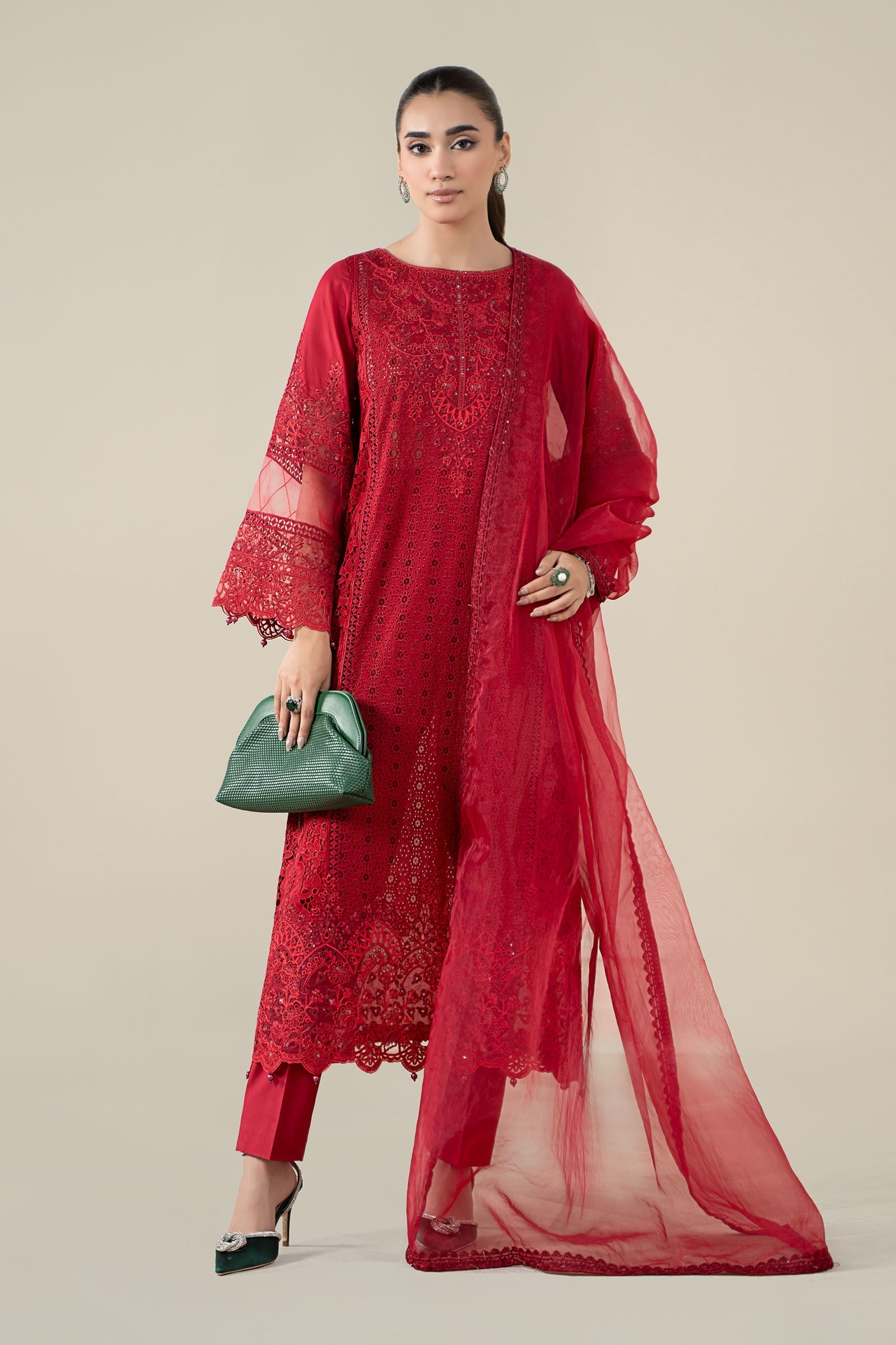 Maria B | Pre Fall Dresses | 3 Piece Embroidered Lawn Suit Red - Pakistani Designer Dress - by Maria B - Type : Ladies Clothes - 100% Original at Saira Sultan