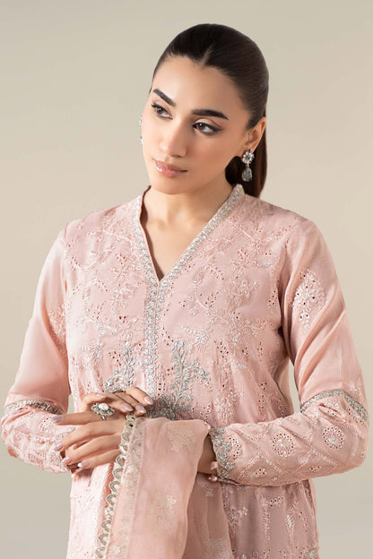 Maria B | Pre Fall Dresses | 3 Piece Embroidered Paper Cotton Suit Pink - Pakistani Designer Dress - by Maria B - Type : Ladies Clothes - 100% Original at Saira Sultan