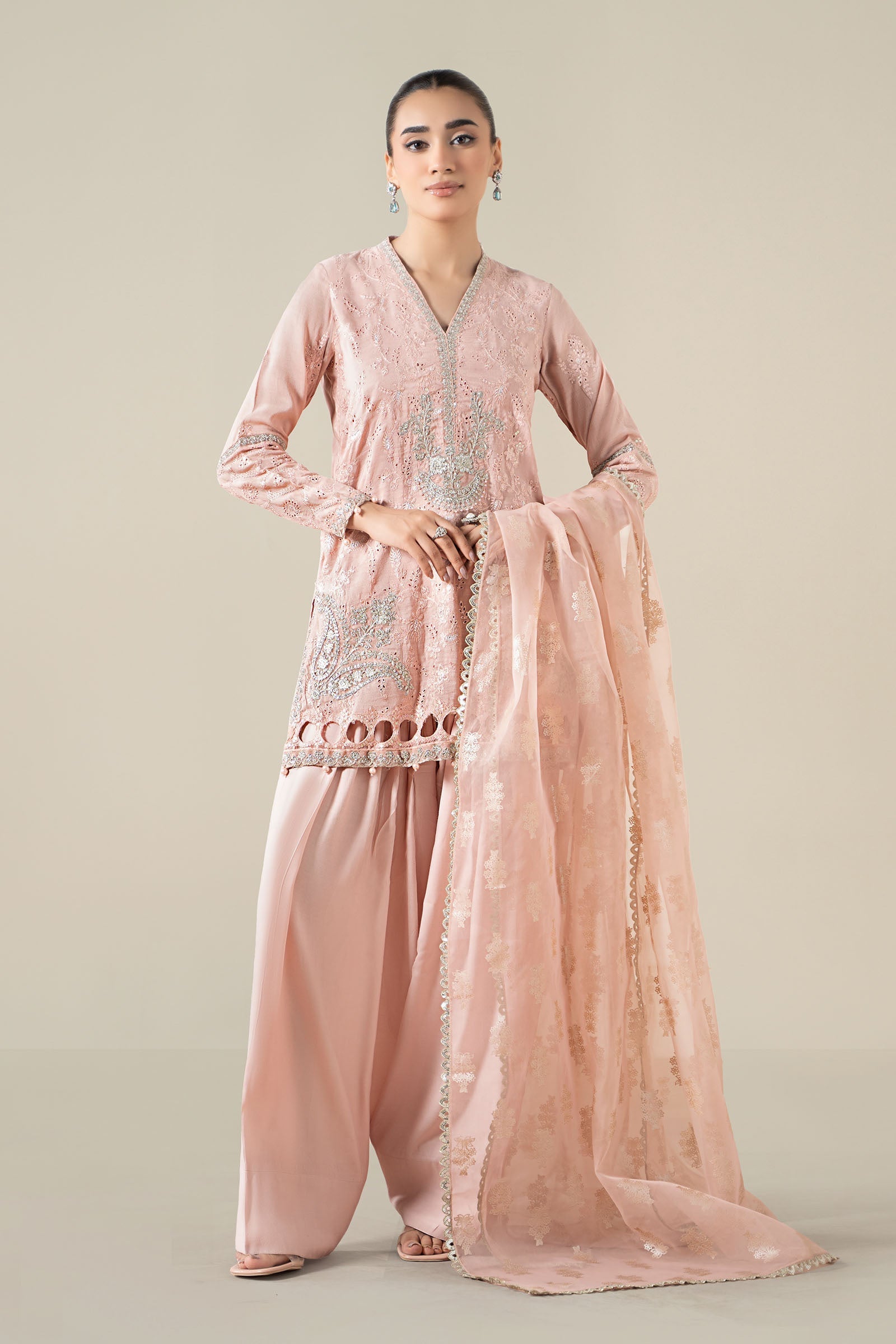 Maria B | Pre Fall Dresses | 3 Piece Embroidered Paper Cotton Suit Pink - Pakistani Designer Dress - by Maria B - Type : Ladies Clothes - 100% Original at Saira Sultan