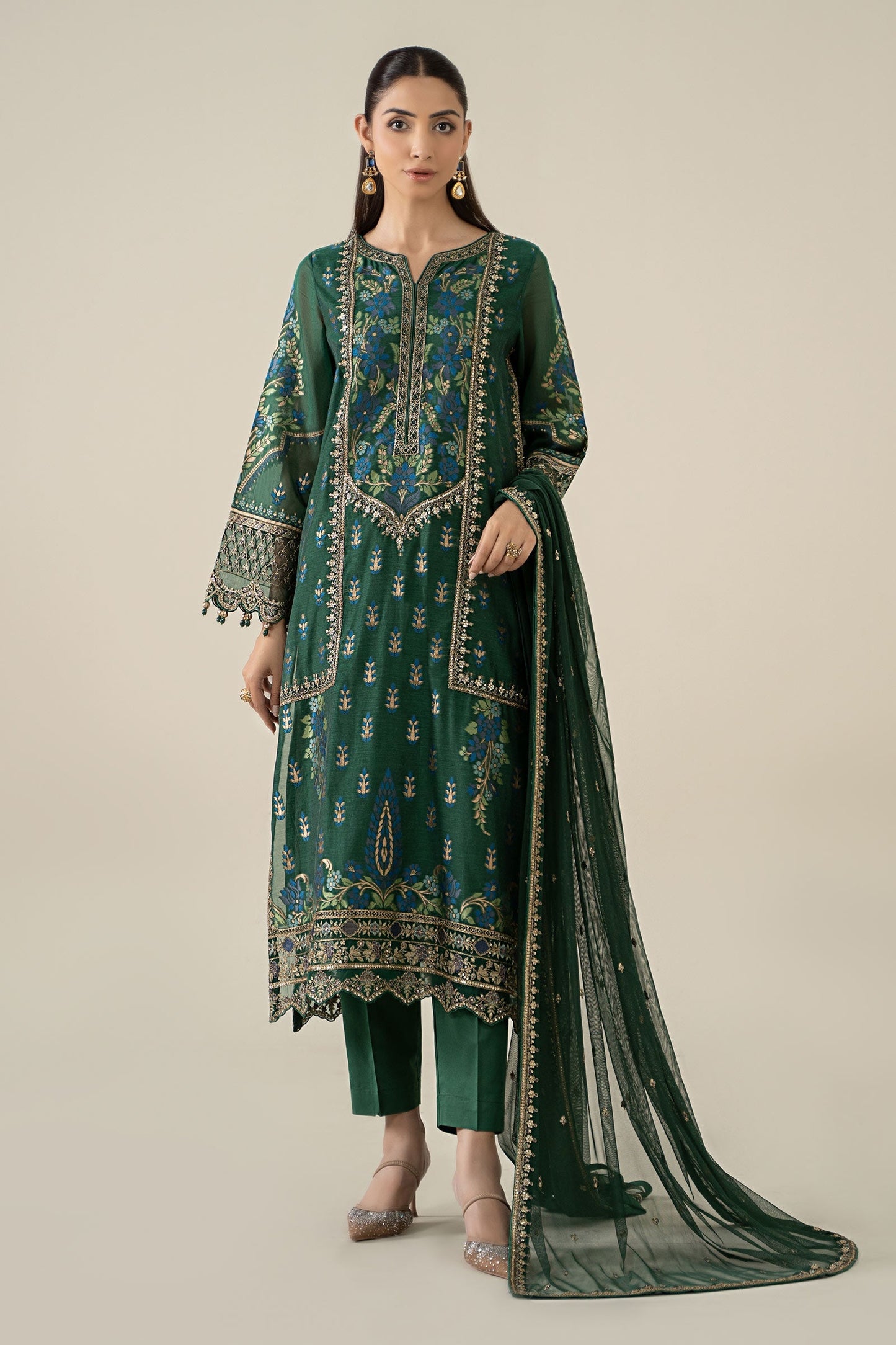 Maria B | Pre Fall Dresses | 3 Piece Embroidered Jacquard Suit Dark Teal Green - Pakistani Designer Dress - by Maria B - Type : Ladies Clothes - 100% Original at Saira Sultan