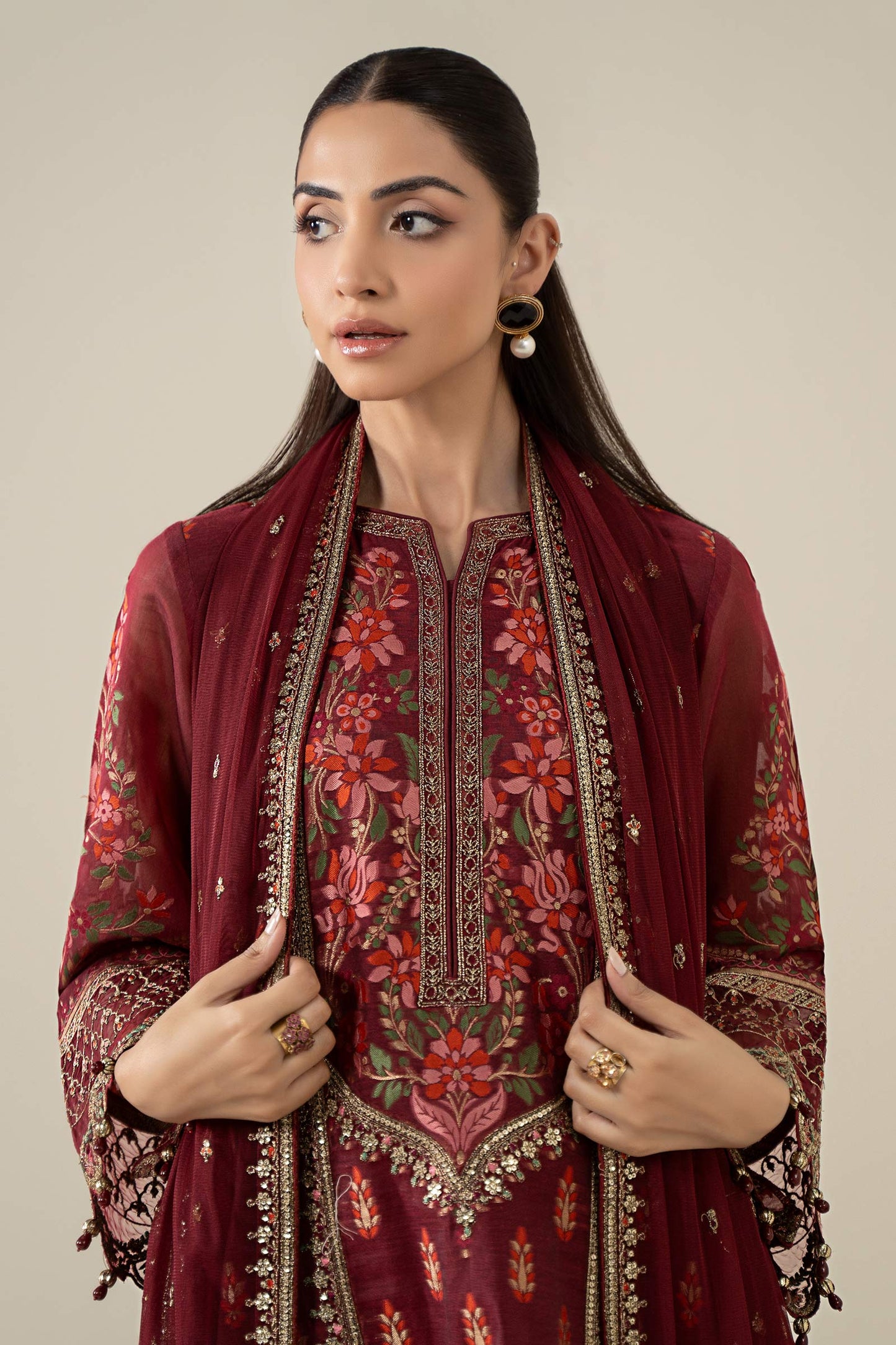 Maria B | Pre Fall Dresses | 3 Piece Embroidered Jacquard Suit Red - Pakistani Designer Dress - by Maria B - Type : Ladies Clothes - 100% Original at Saira Sultan