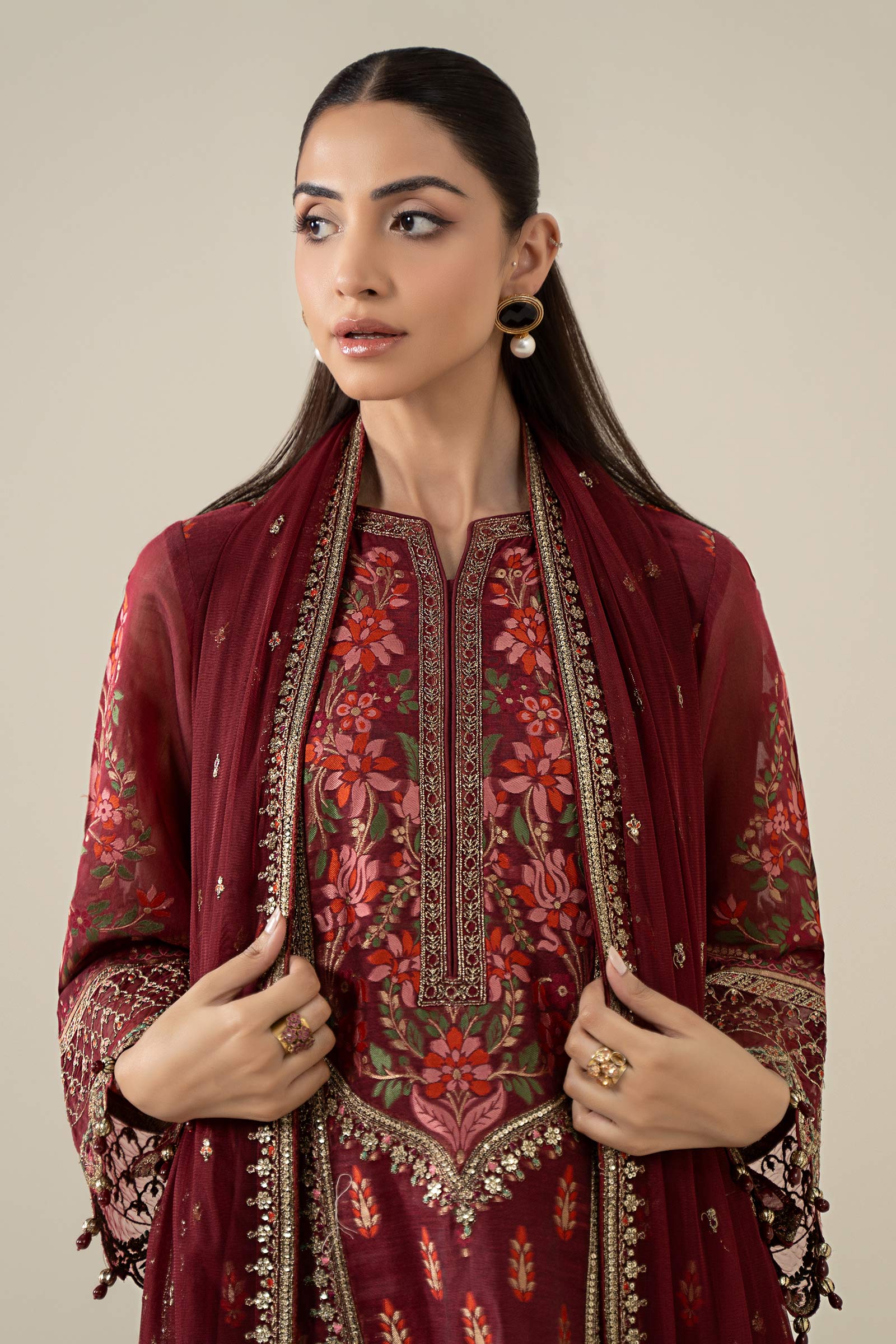 Maria B | Pre Fall Dresses | 3 Piece Embroidered Jacquard Suit Red - Pakistani Designer Dress - by Maria B - Type : Ladies Clothes - 100% Original at Saira Sultan