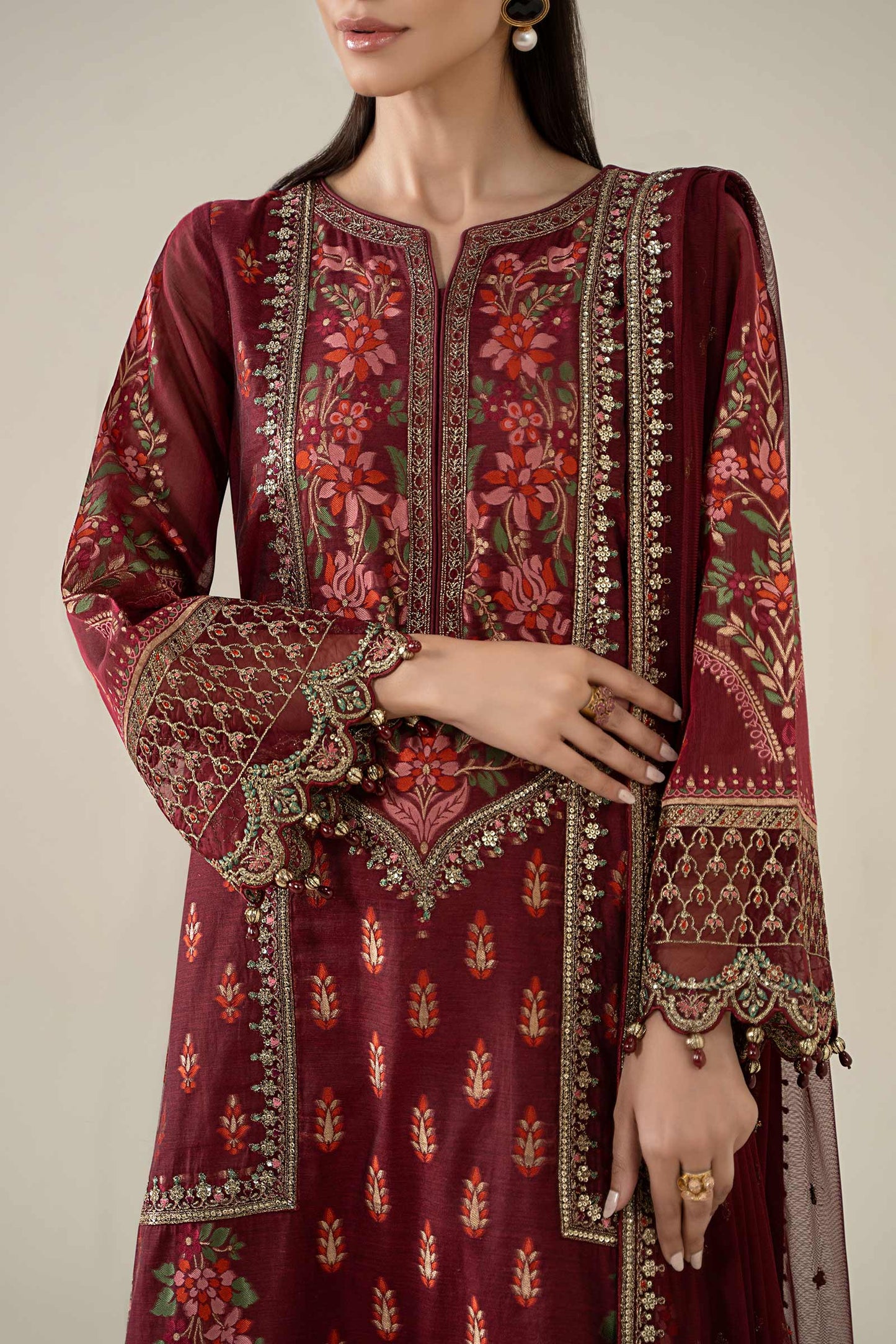 Maria B | Pre Fall Dresses | 3 Piece Embroidered Jacquard Suit Red - Pakistani Designer Dress - by Maria B - Type : Ladies Clothes - 100% Original at Saira Sultan