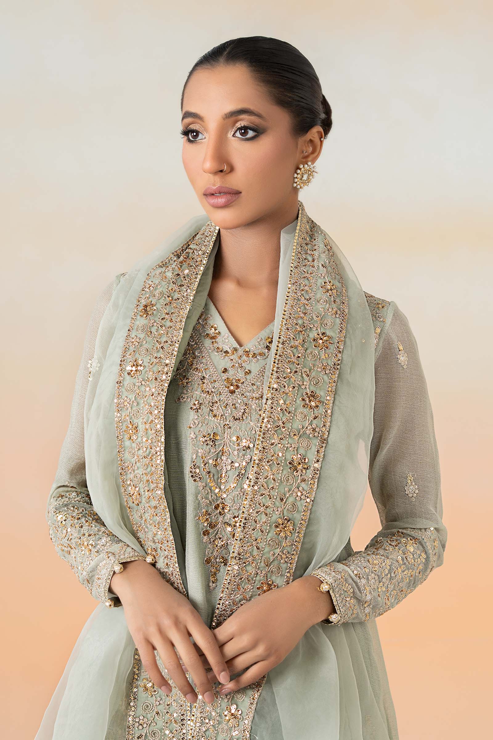 Maria B | Luxury Pret 25 | DW-EF25-88 XL Mint Gray Cotton Net