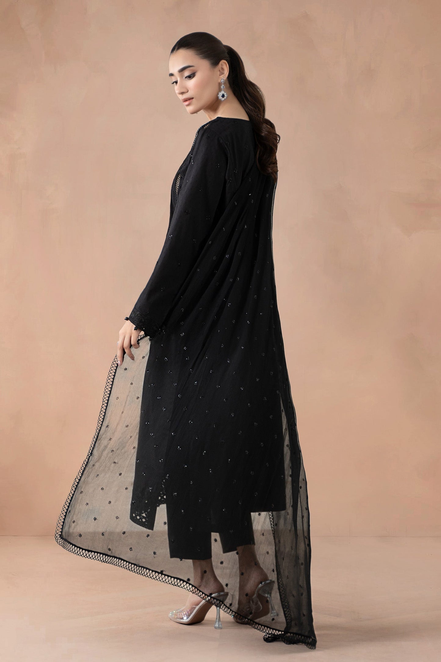 Maria B | Pre Fall Dresses | 3 Piece Embroidered Self Jacquard Suit Black1 - Pakistani Designer Dress - by Maria B - Type : Ladies Clothes - 100% Original at Saira Sultan