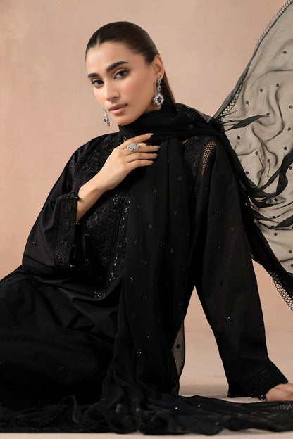 Maria B | Pre Fall Dresses | 3 Piece Embroidered Self Jacquard Suit Black1 - Pakistani Designer Dress - by Maria B - Type : Ladies Clothes - 100% Original at Saira Sultan