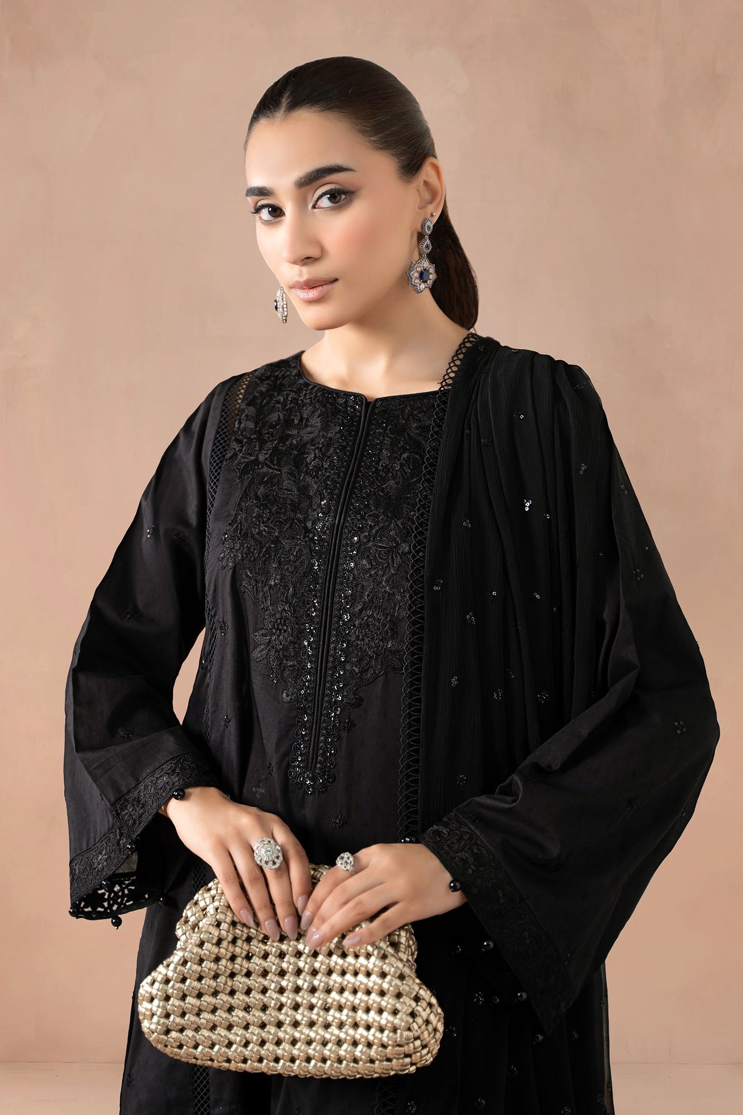 Maria B | Pre Fall Dresses | 3 Piece Embroidered Self Jacquard Suit Black1 - Pakistani Designer Dress - by Maria B - Type : Ladies Clothes - 100% Original at Saira Sultan