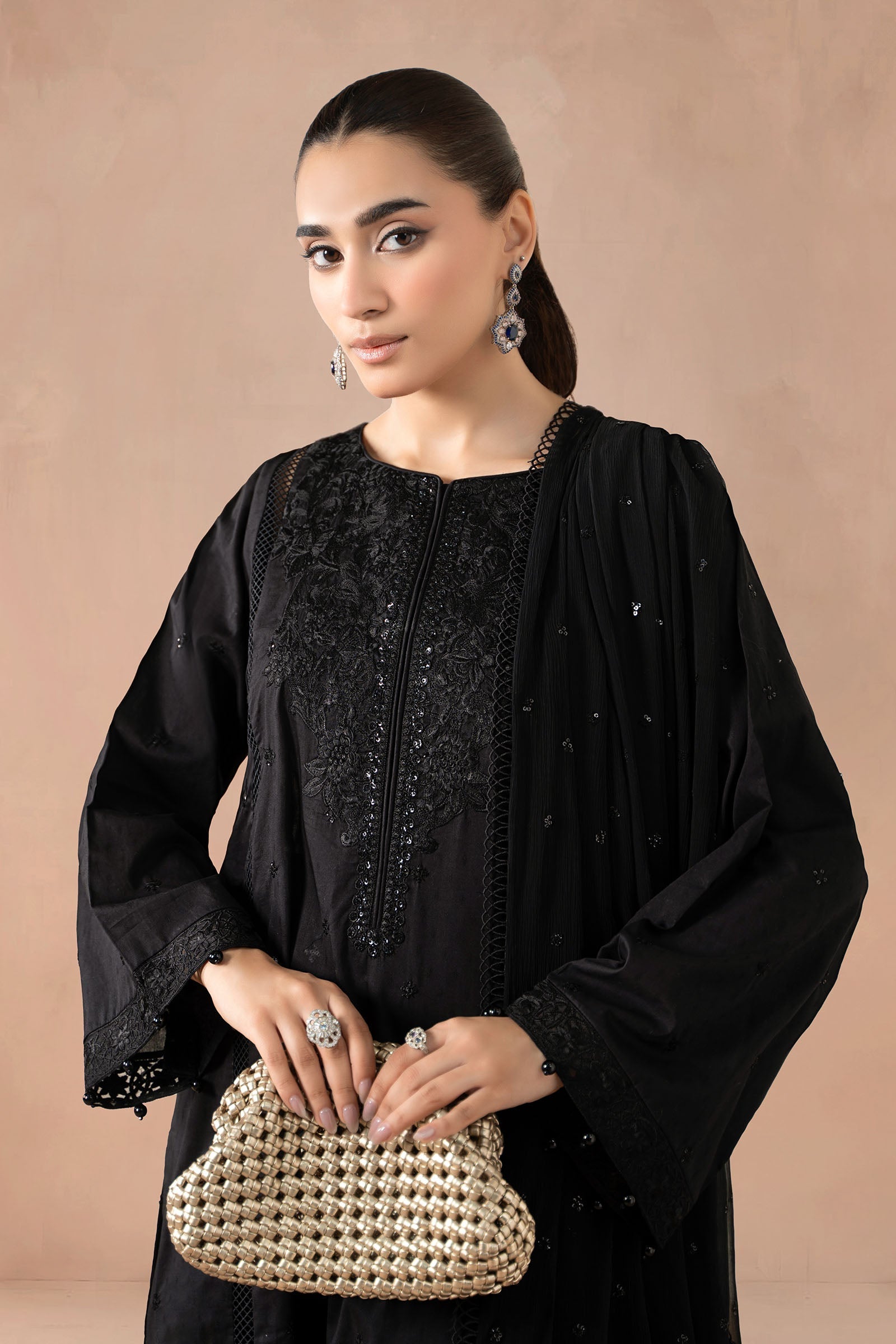 Maria B | Pre Fall Dresses | 3 Piece Embroidered Self Jacquard Suit Black1 - Pakistani Designer Dress - by Maria B - Type : Ladies Clothes - 100% Original at Saira Sultan