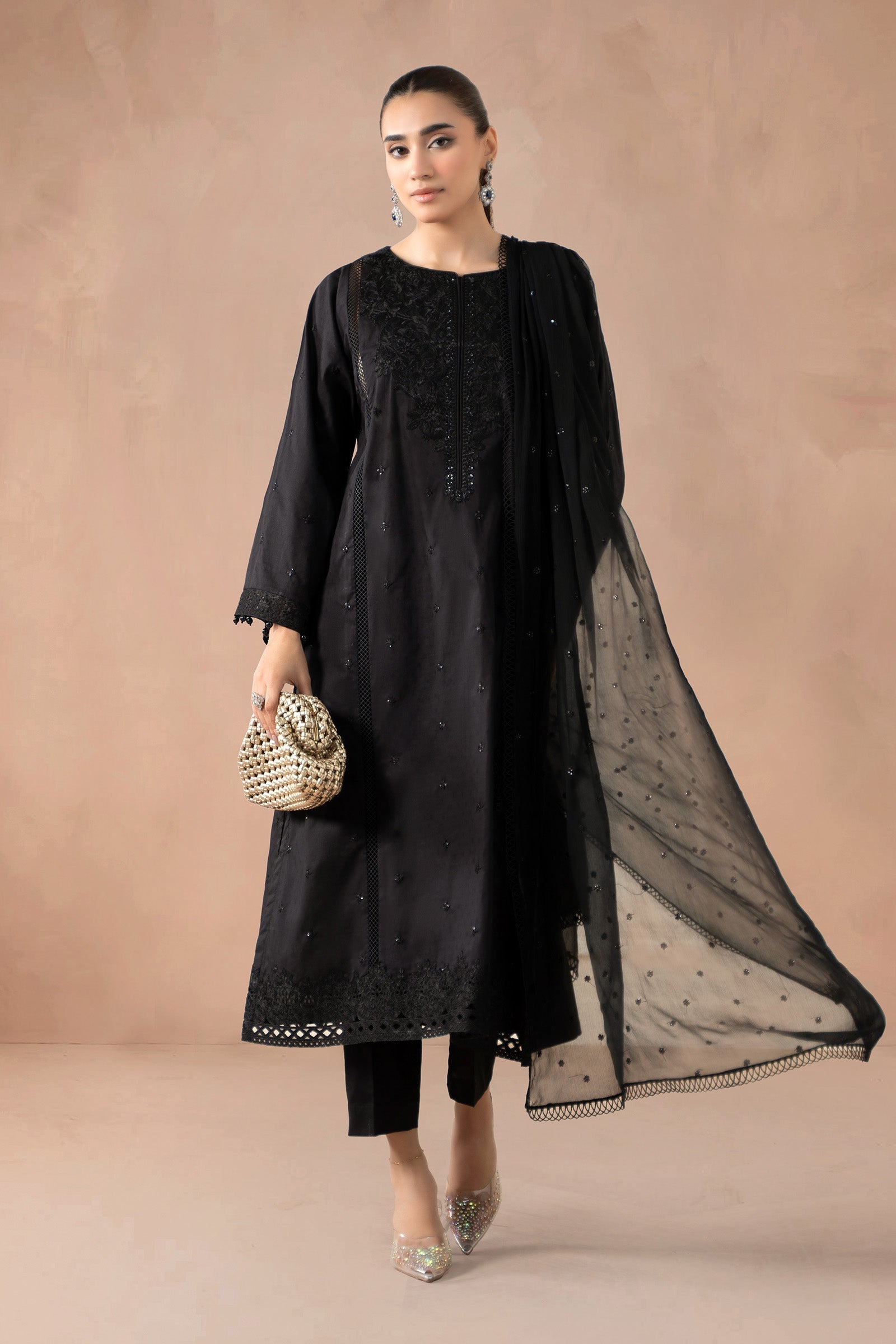 Maria B | Pre Fall Dresses | 3 Piece Embroidered Self Jacquard Suit Black1 - Pakistani Designer Dress - by Maria B - Type : Ladies Clothes - 100% Original at Saira Sultan