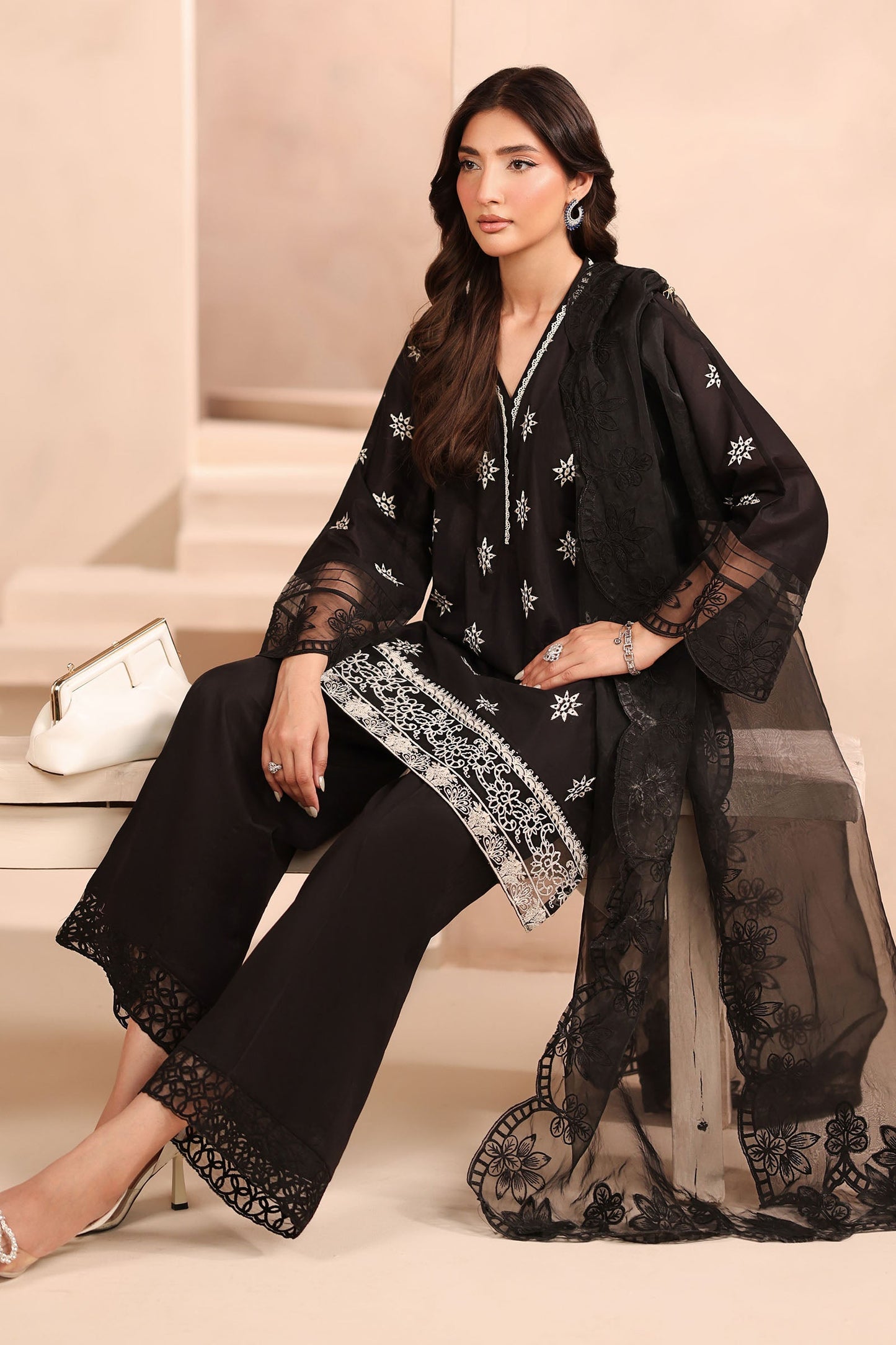 Maria B | Pre Fall Dresses | 3 Piece Embroidered Lawn Suit Black - Pakistani Designer Dress - by Maria B - Type : Ladies Clothes - 100% Original at Saira Sultan