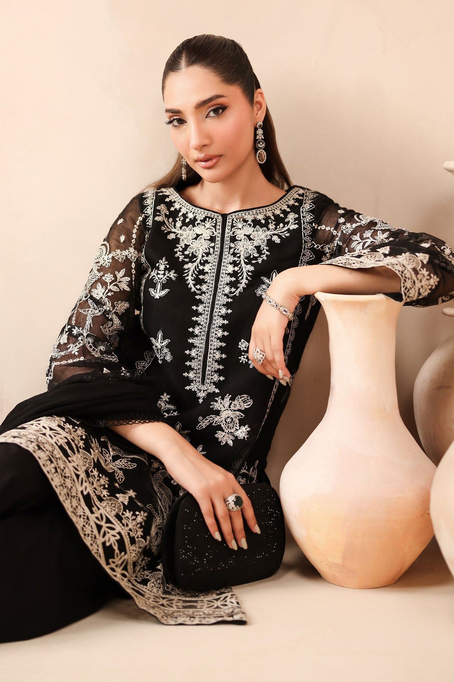 Maria B | Pre Fall Dresses | 3 Piece Embroidered Cotton Net Suit Black - Pakistani Designer Dress - by Maria B - Type : Ladies Clothes - 100% Original at Saira Sultan